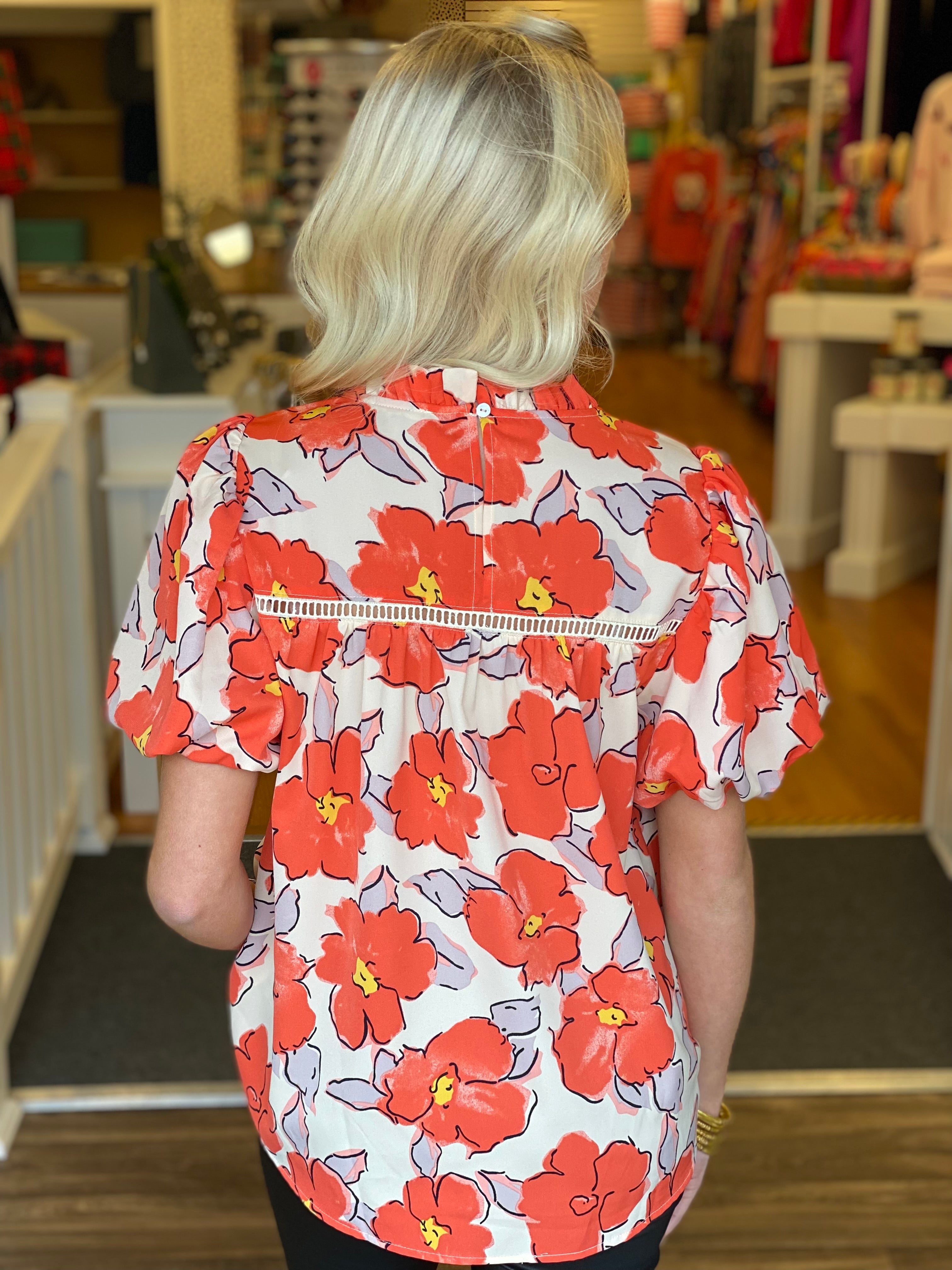 Ivory and Coral Print Puff Sleeve Top