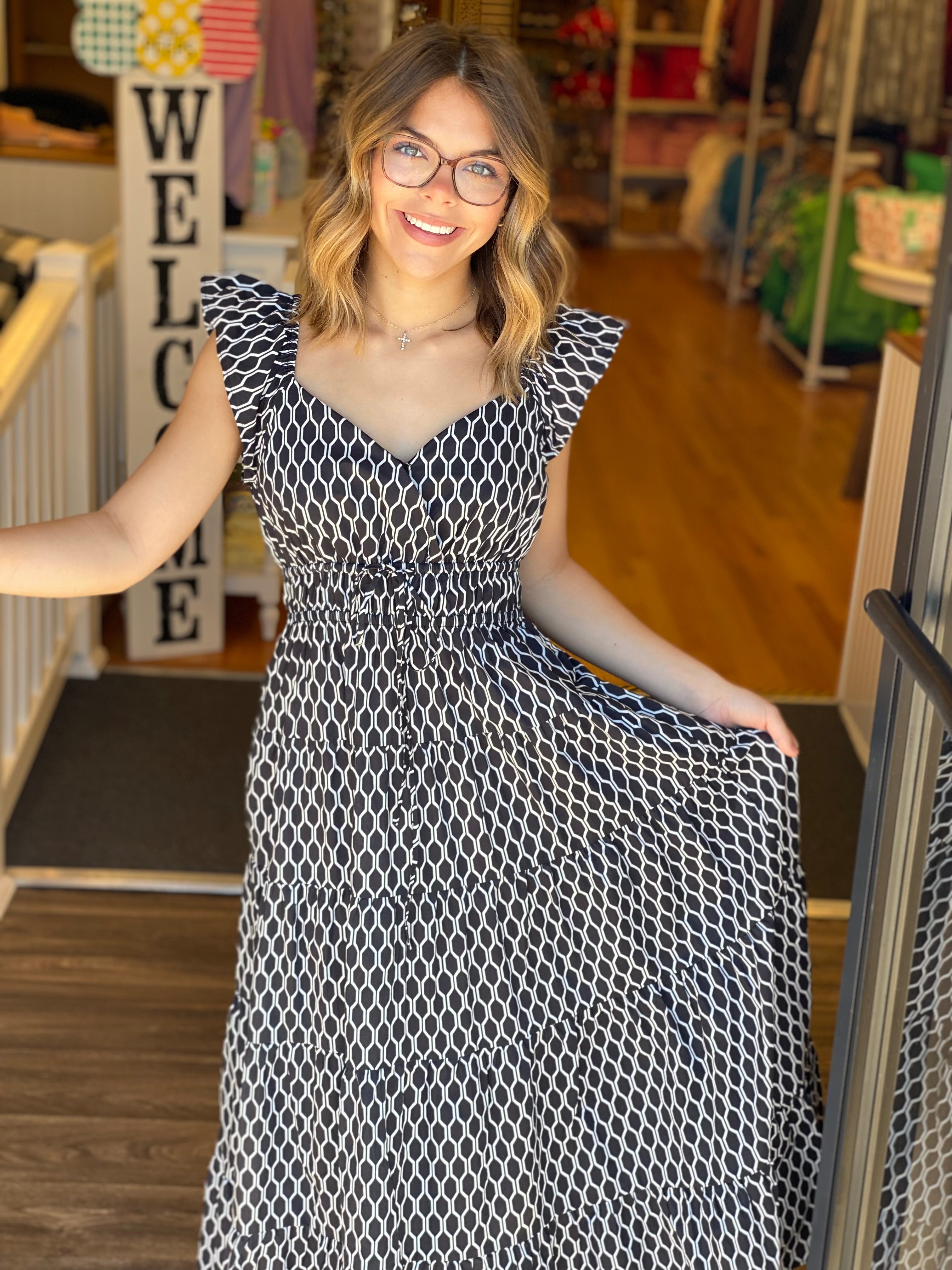 Nova Black and White Smocked Tiered Dress