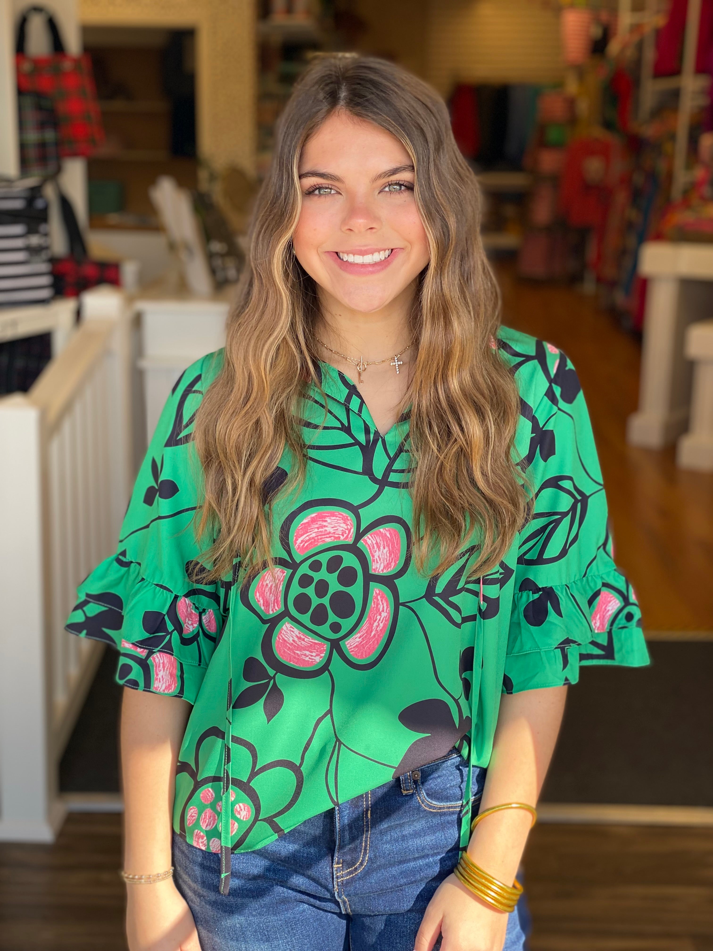 Kelly Green Floral Top