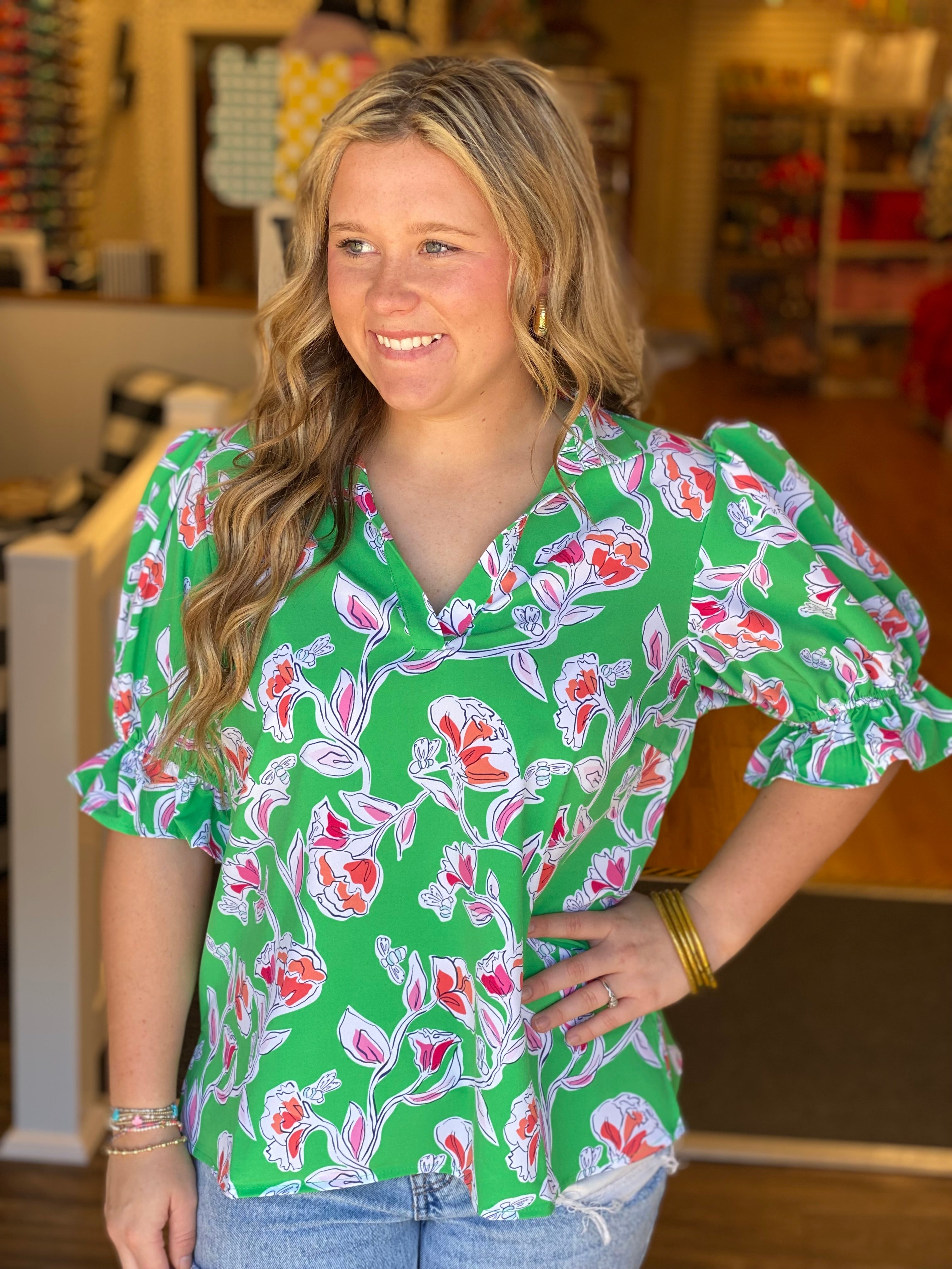 Mary Square Jessica Top - Pretty Petals Green