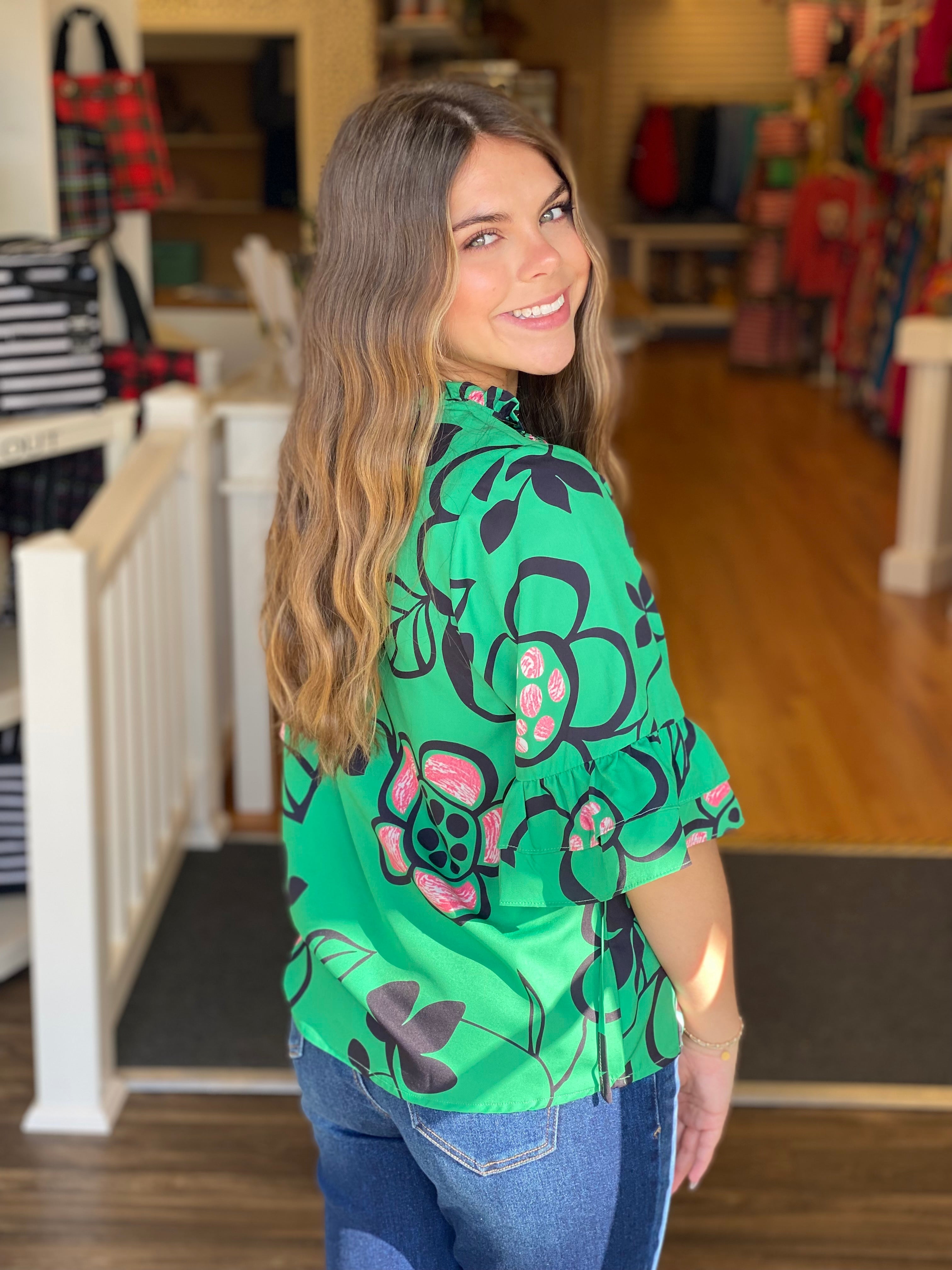 Kelly Green Floral Top