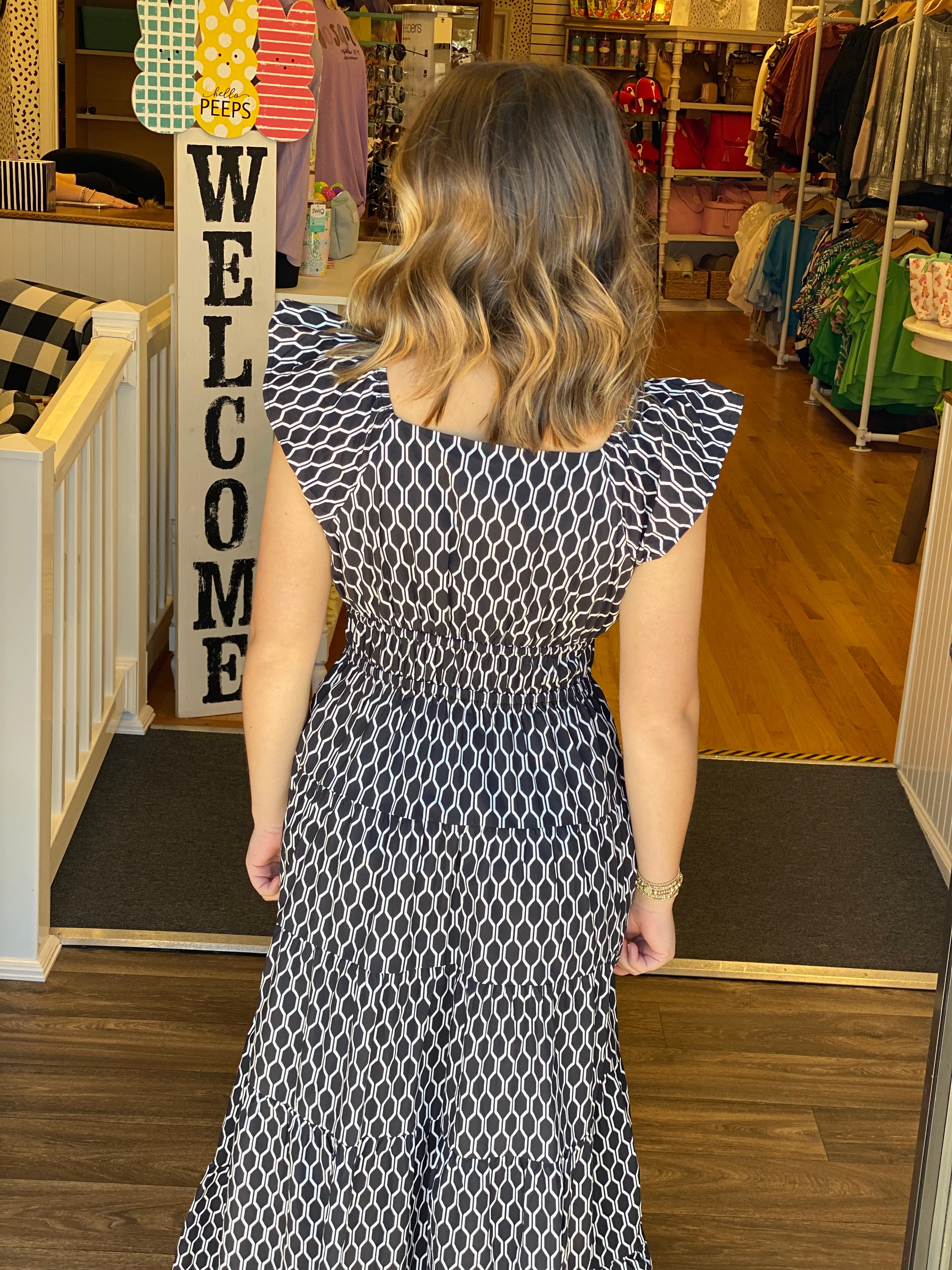 Nova Black and White Smocked Tiered Dress