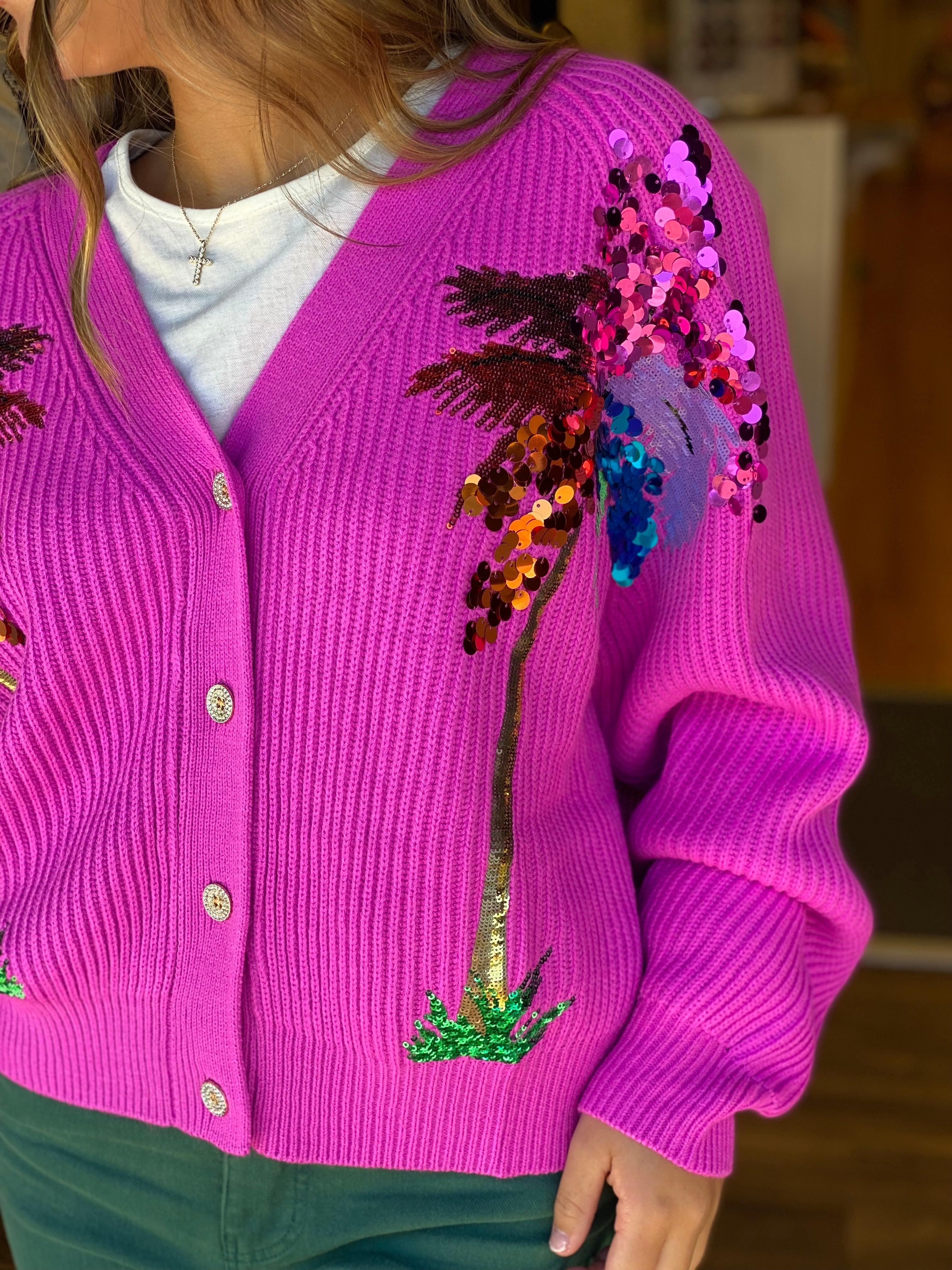 Queen of Sparkle Purple Multi Palm Tree Cardigan