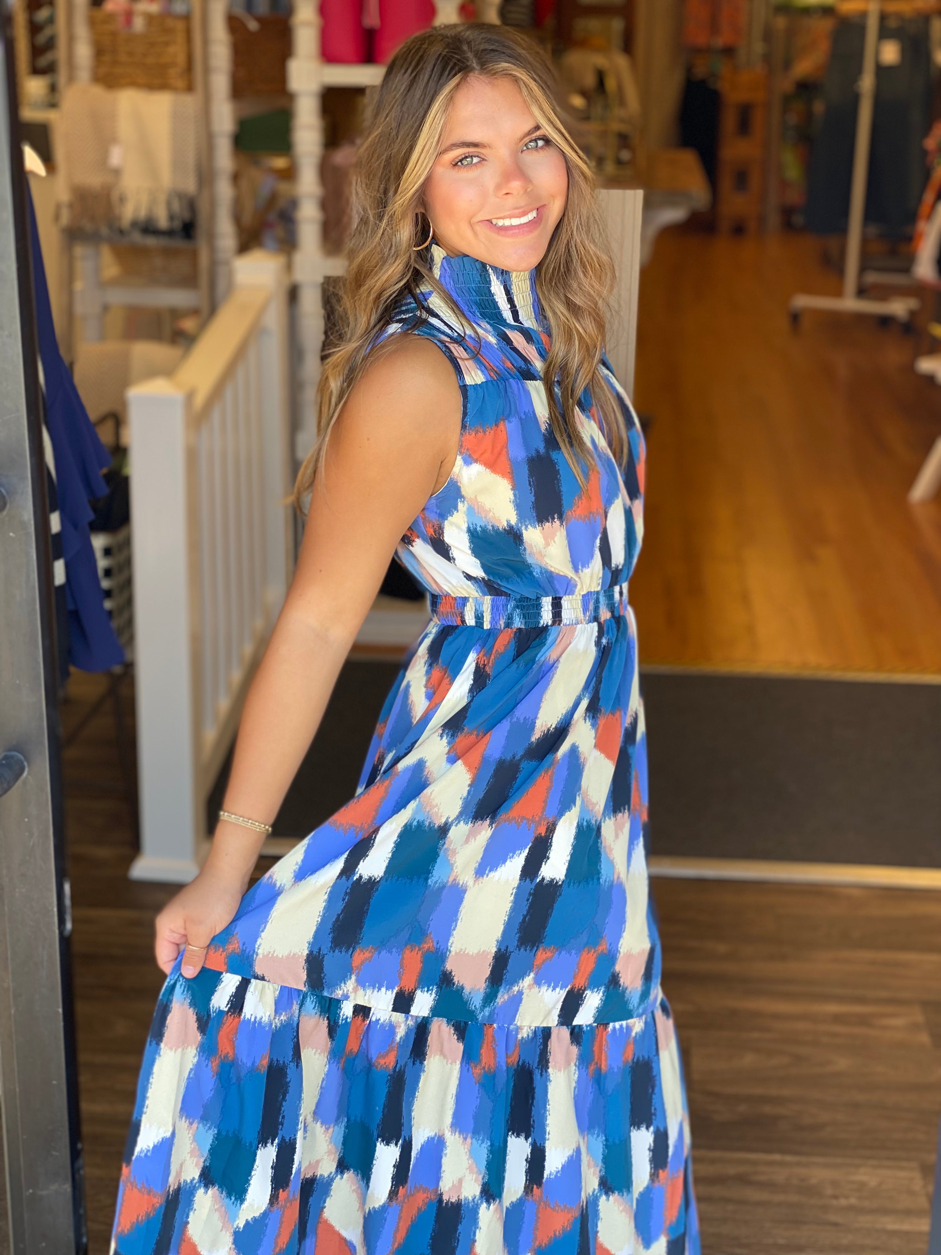 THML Smocked Waist Print Dress - Blue