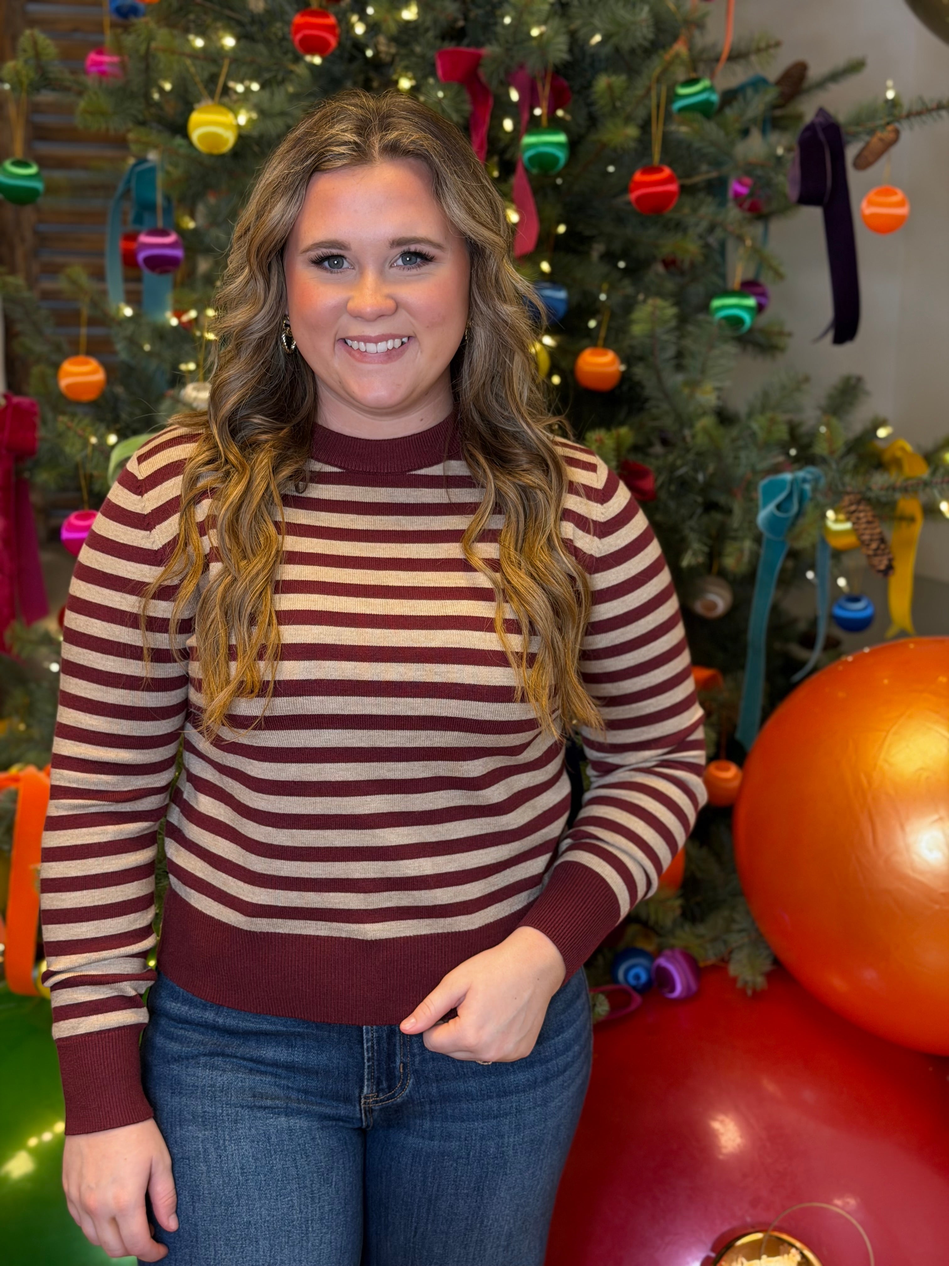 Striped Sweater Top - Wine