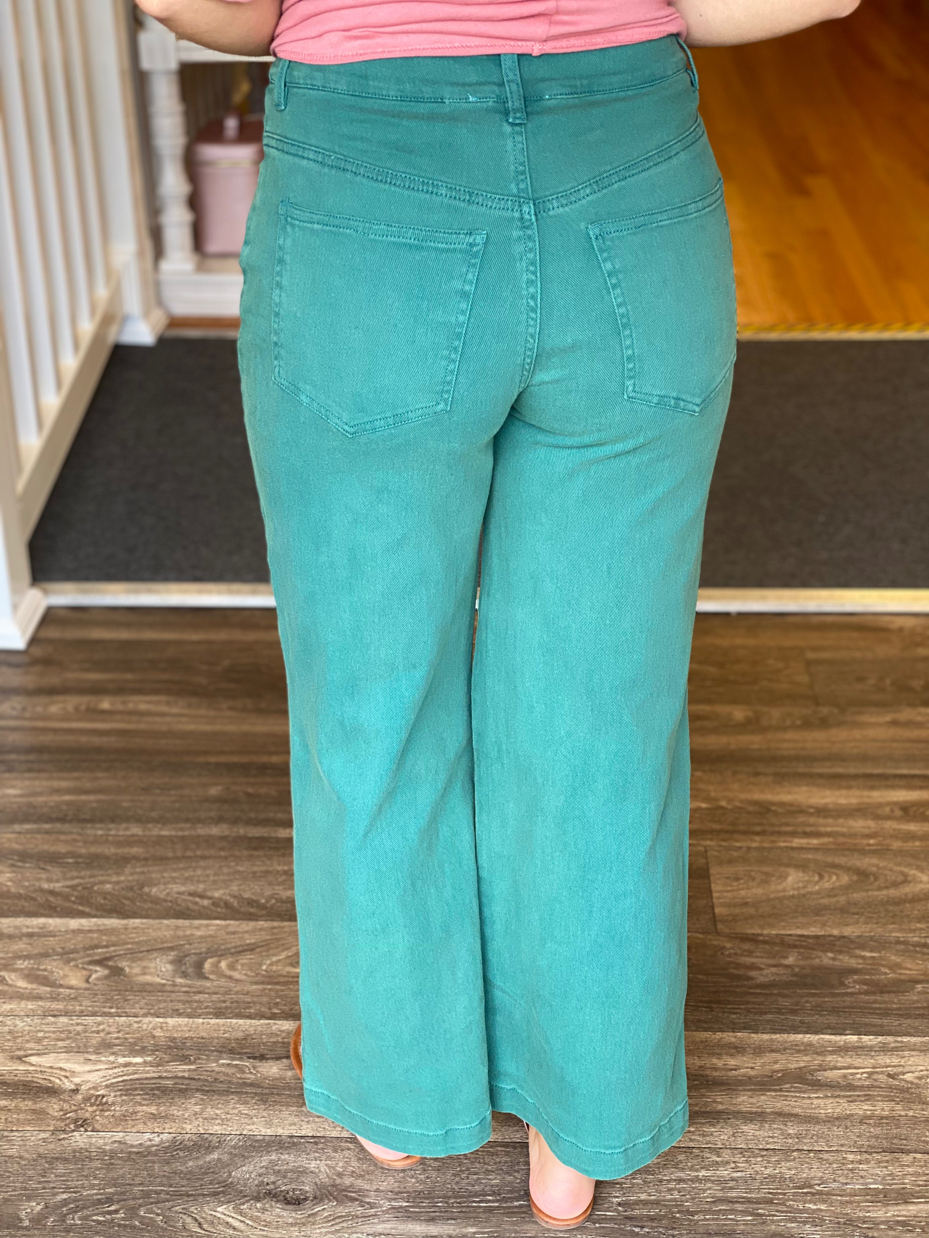 Entro High Rise Button Front Wide Leg Pant - Green