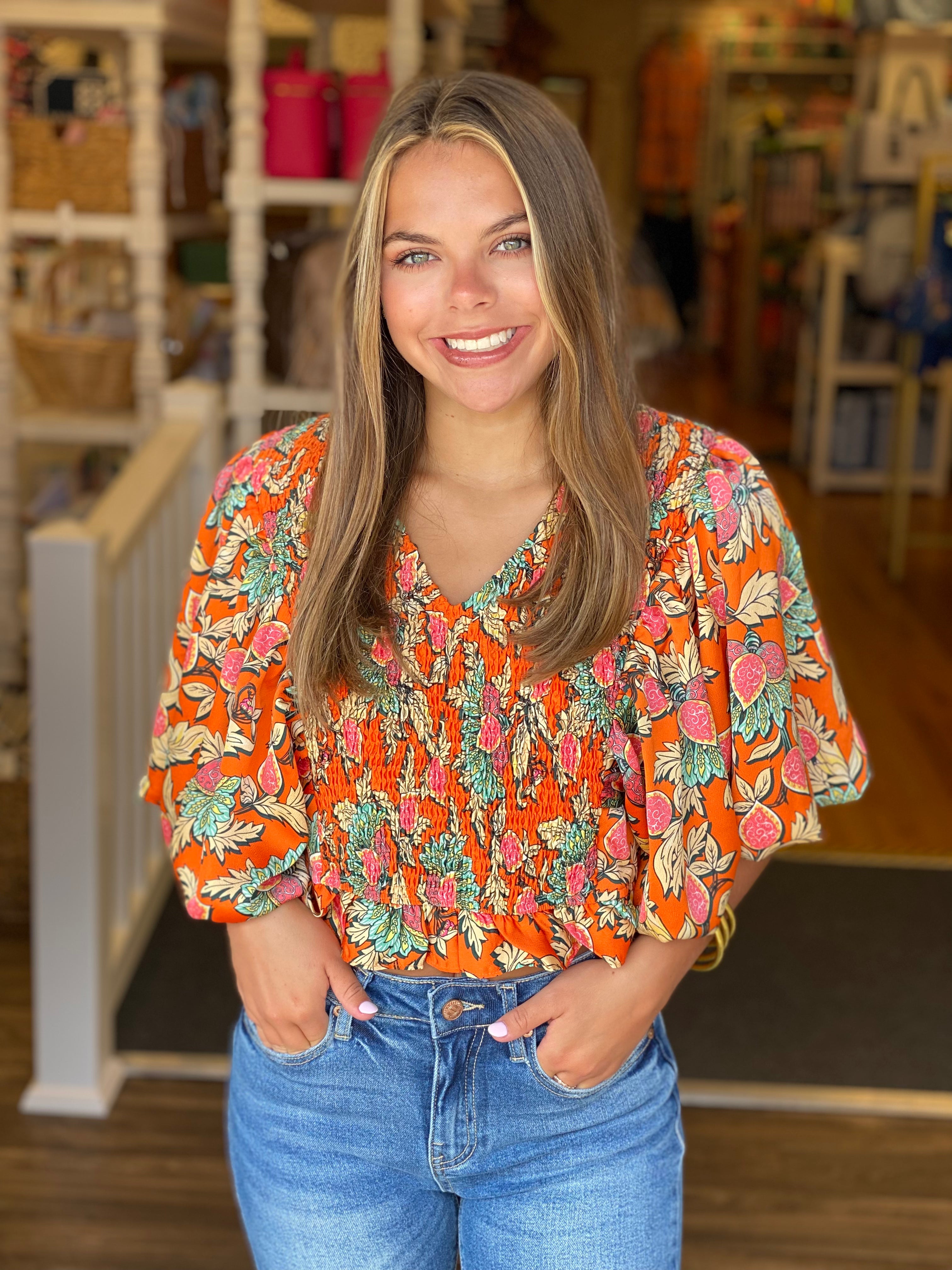 Puff Sleeve Smocked Flower Print Top