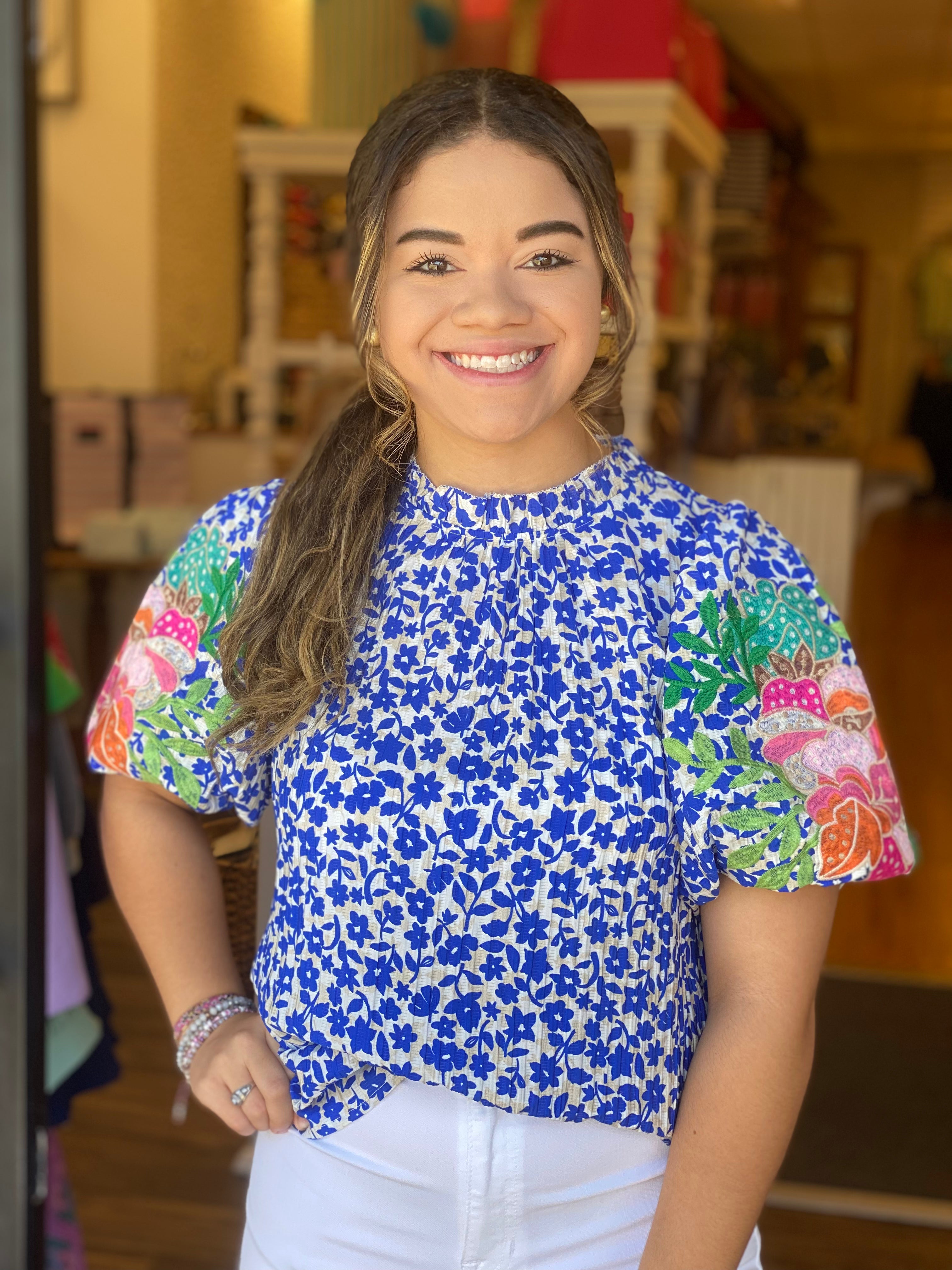 Embroidered Sleeve Flower Print Top