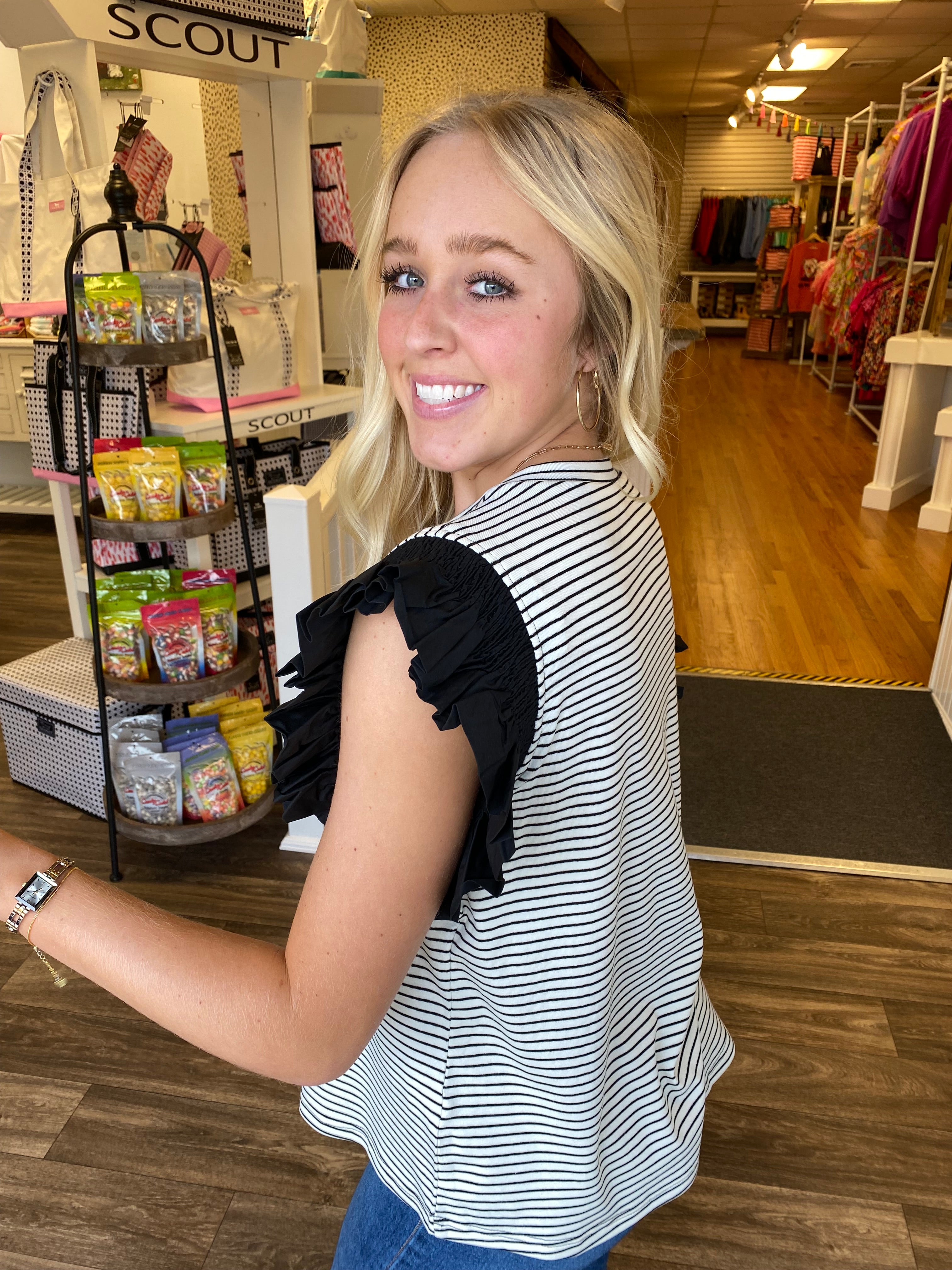 Black and Ivory Striped Spring Top