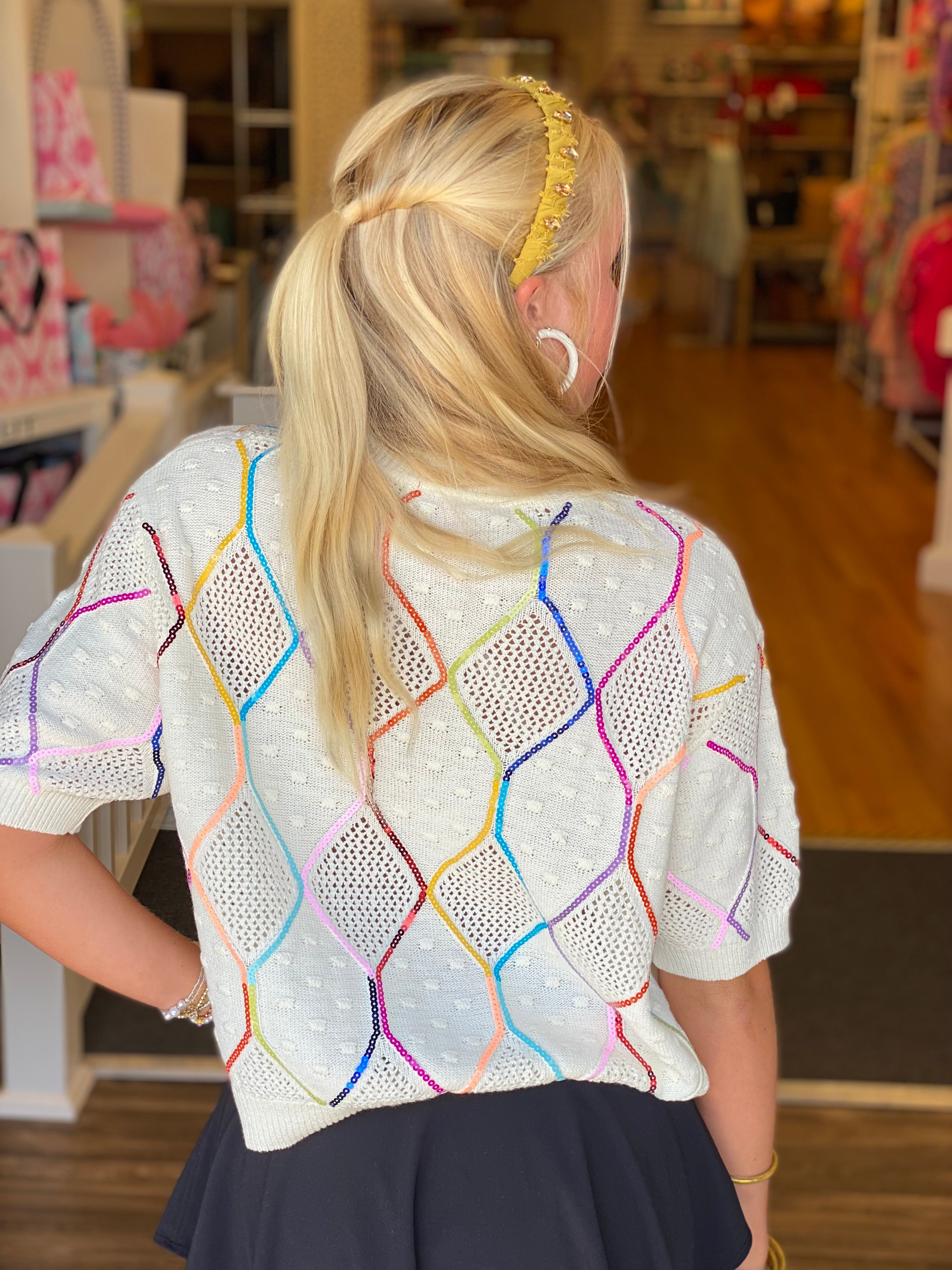 Queen of Sparkle Rainbow Knit Short Sleeve Top