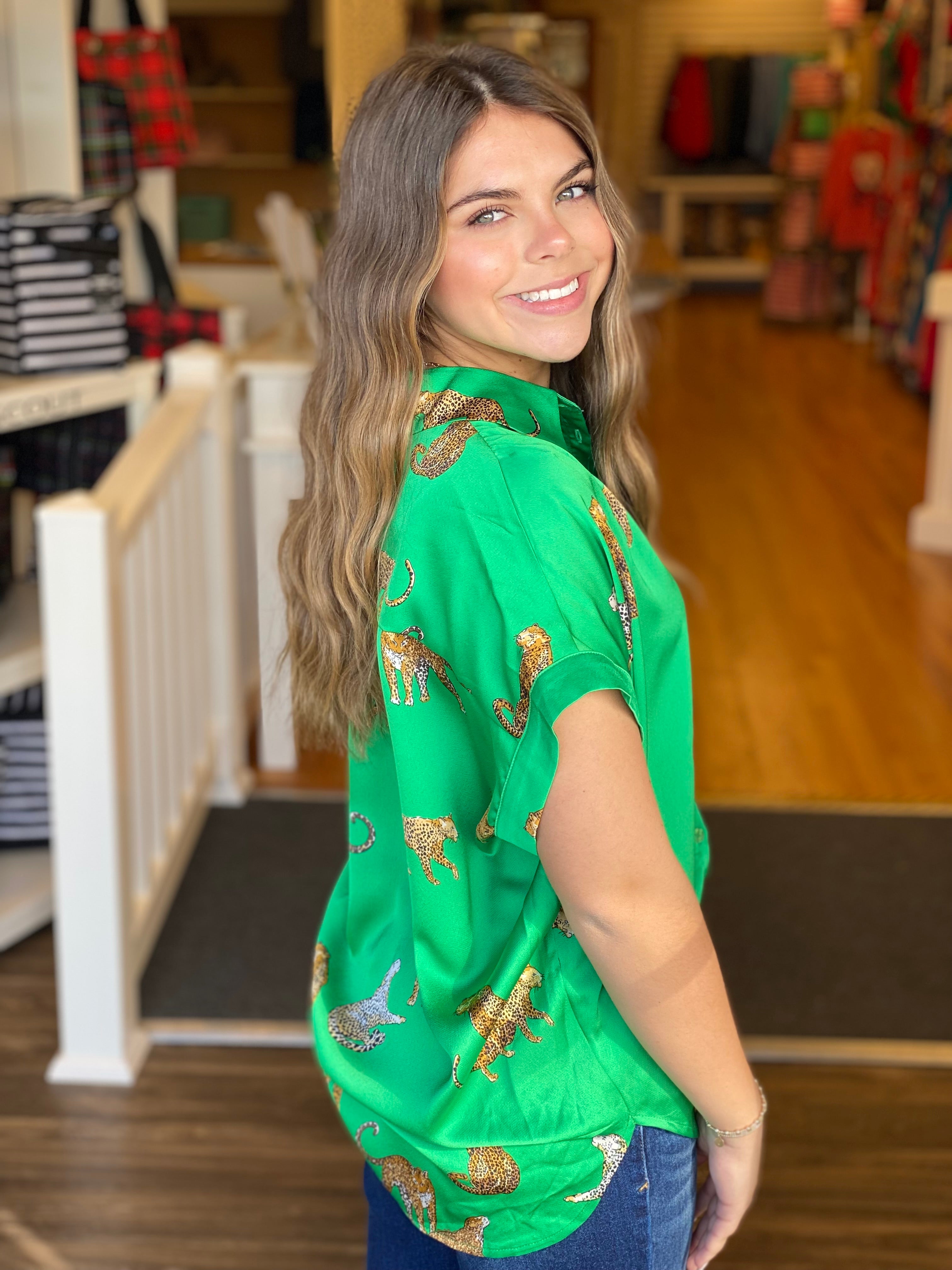 Kelly Green Leopard Button Up Top