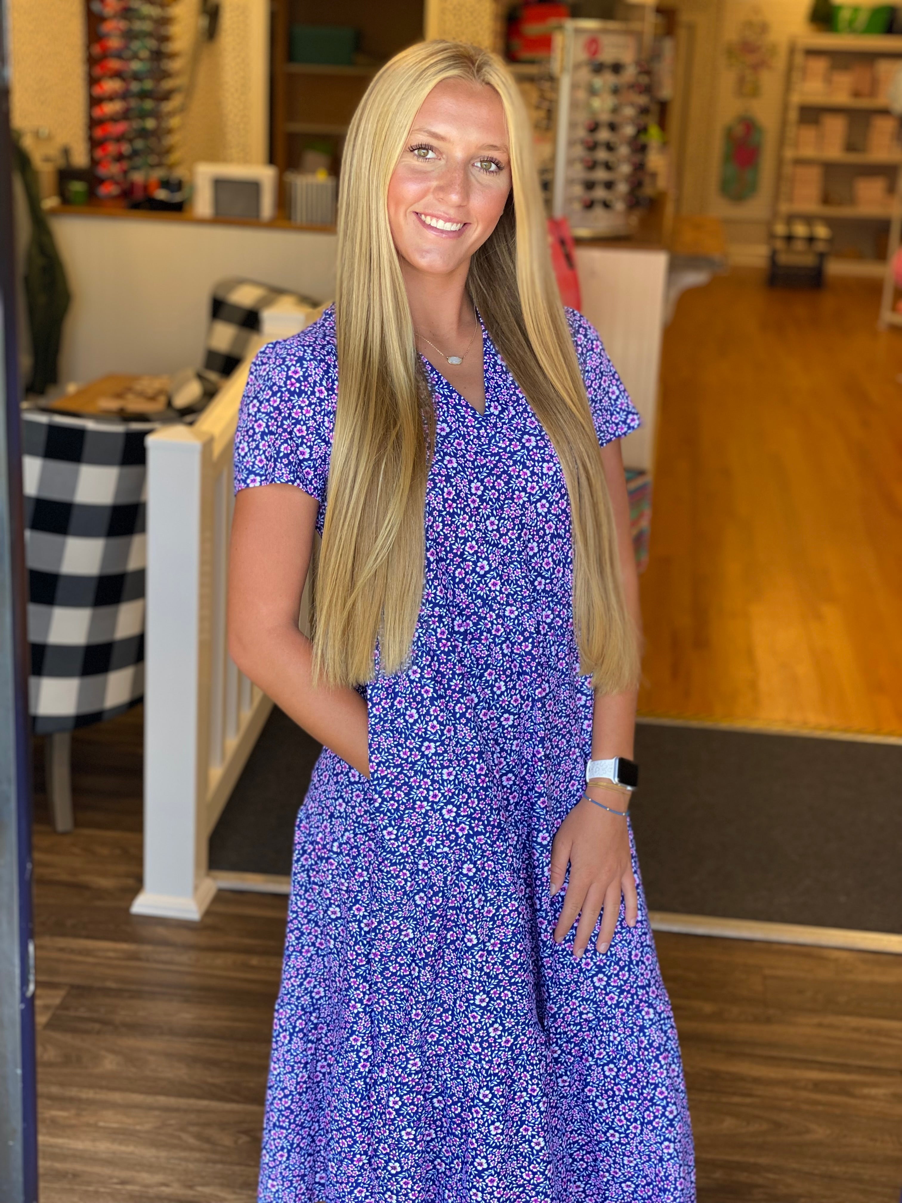 Aryeh Gail Tiered Midi Dress - Navy/Pink