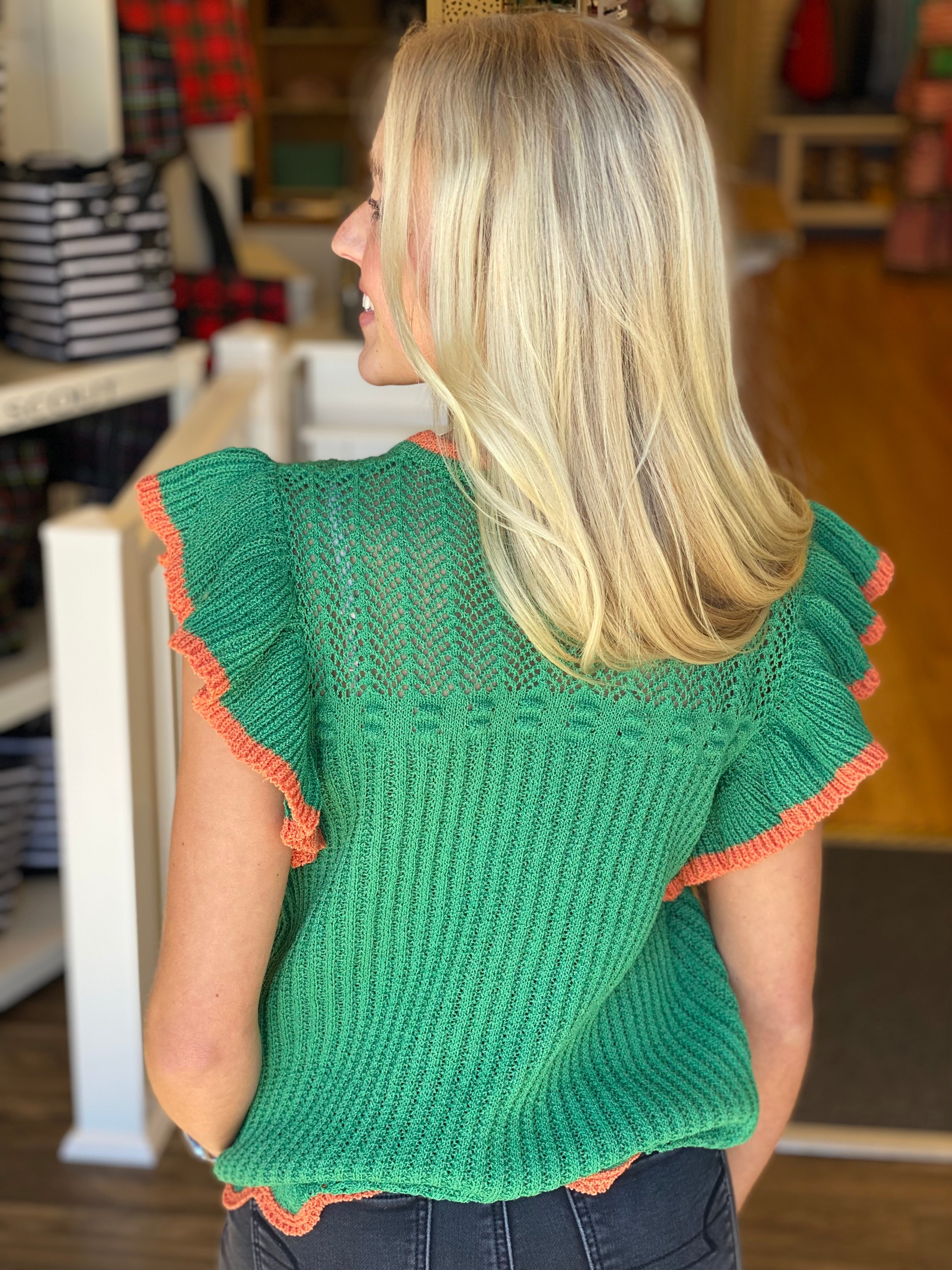 Green and Orange Ruffle Sleeve Sweater