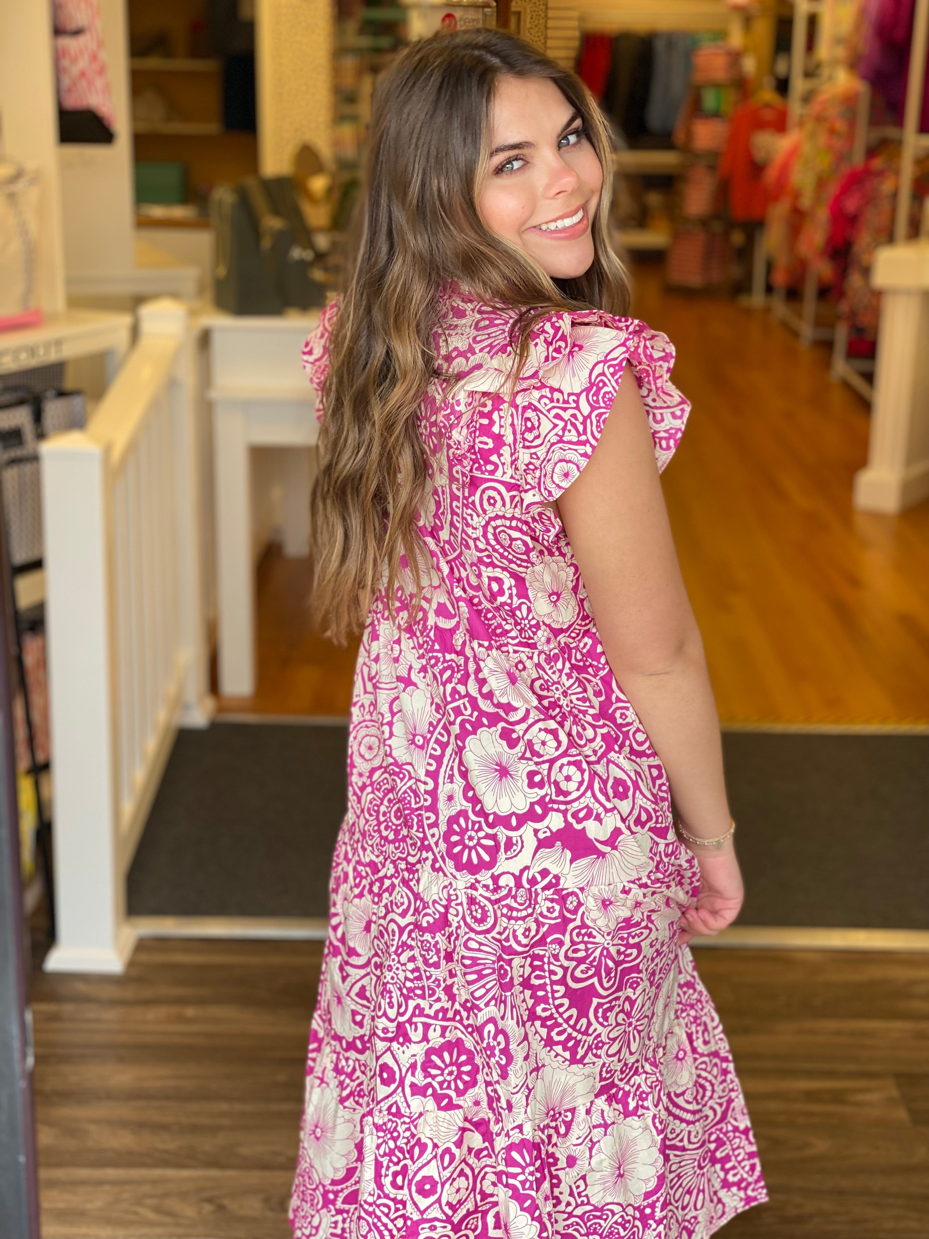 Magenta and Ivory Floral Midi Dress