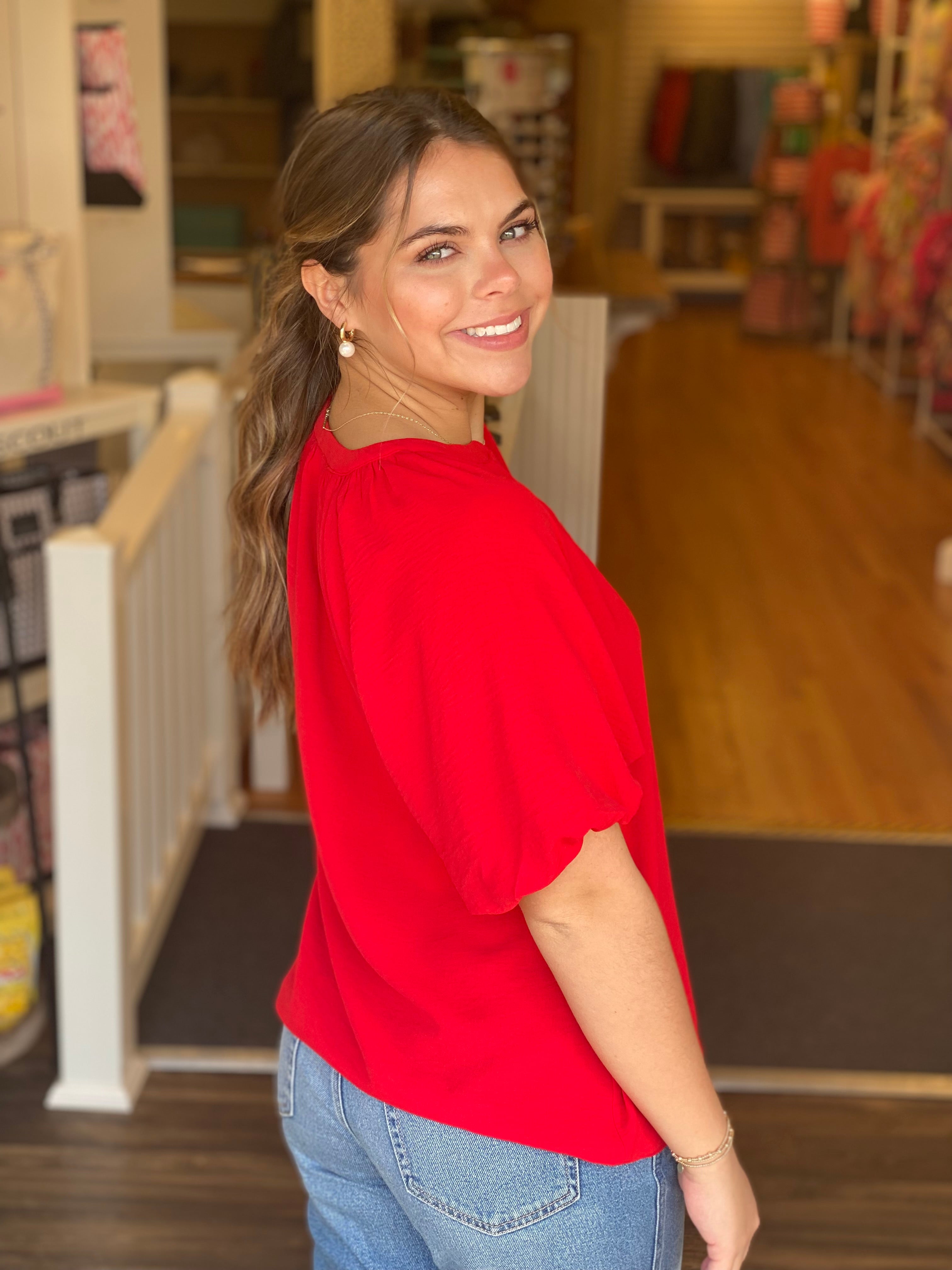 Bubble Sleeve Red Top