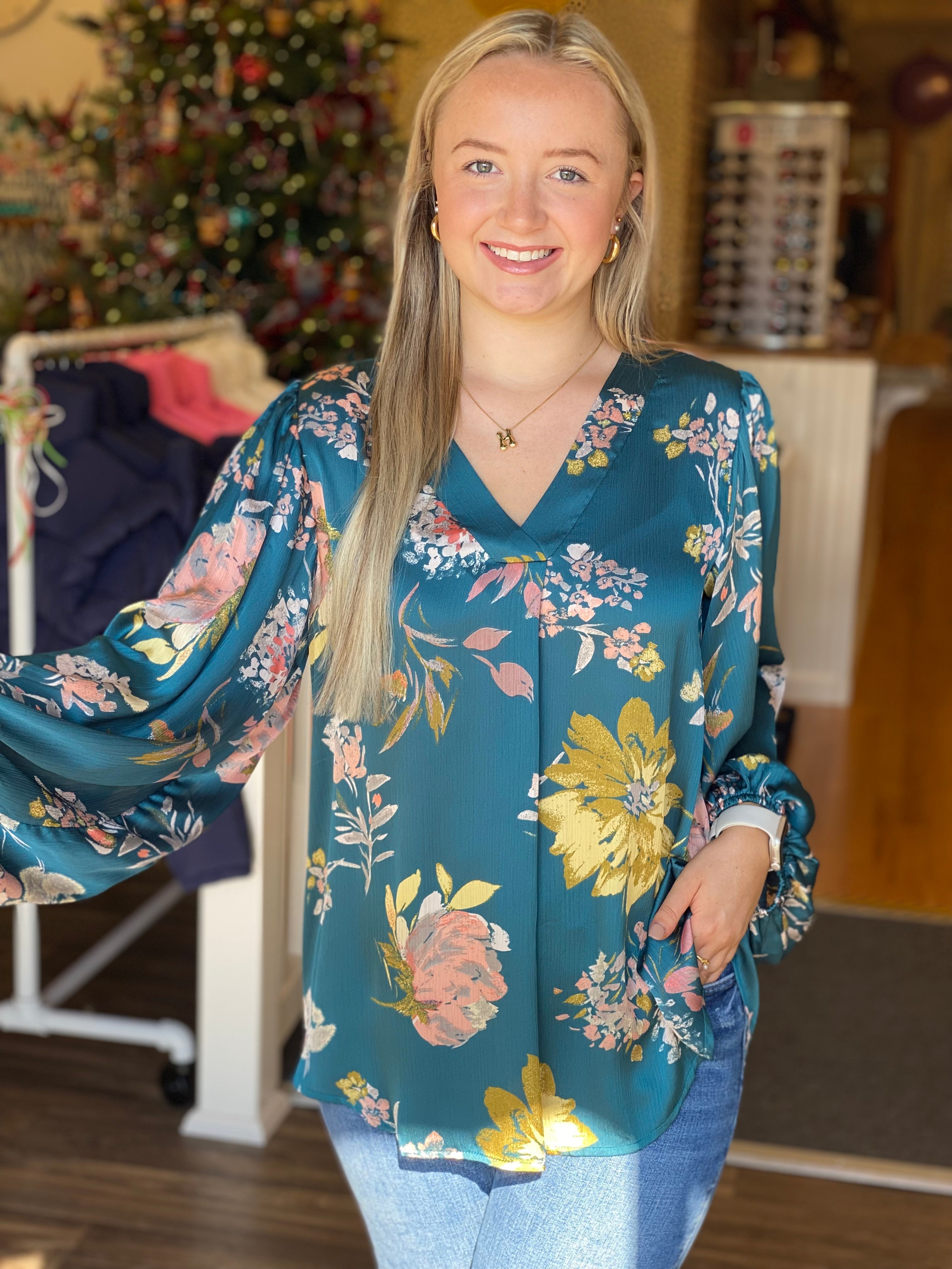 Teal and Floral Blouse