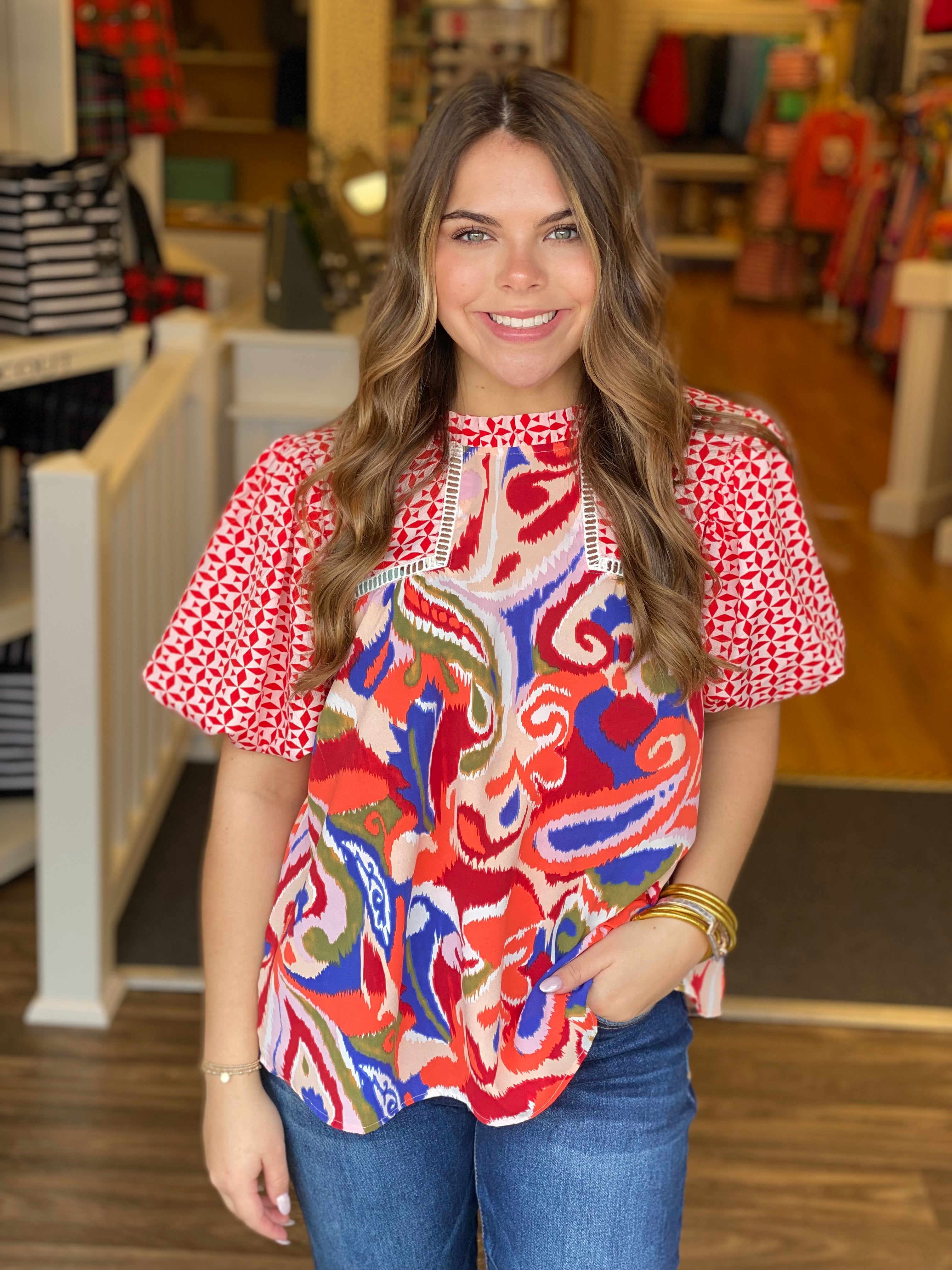 Red Multi Pattern Puff Sleeve Top