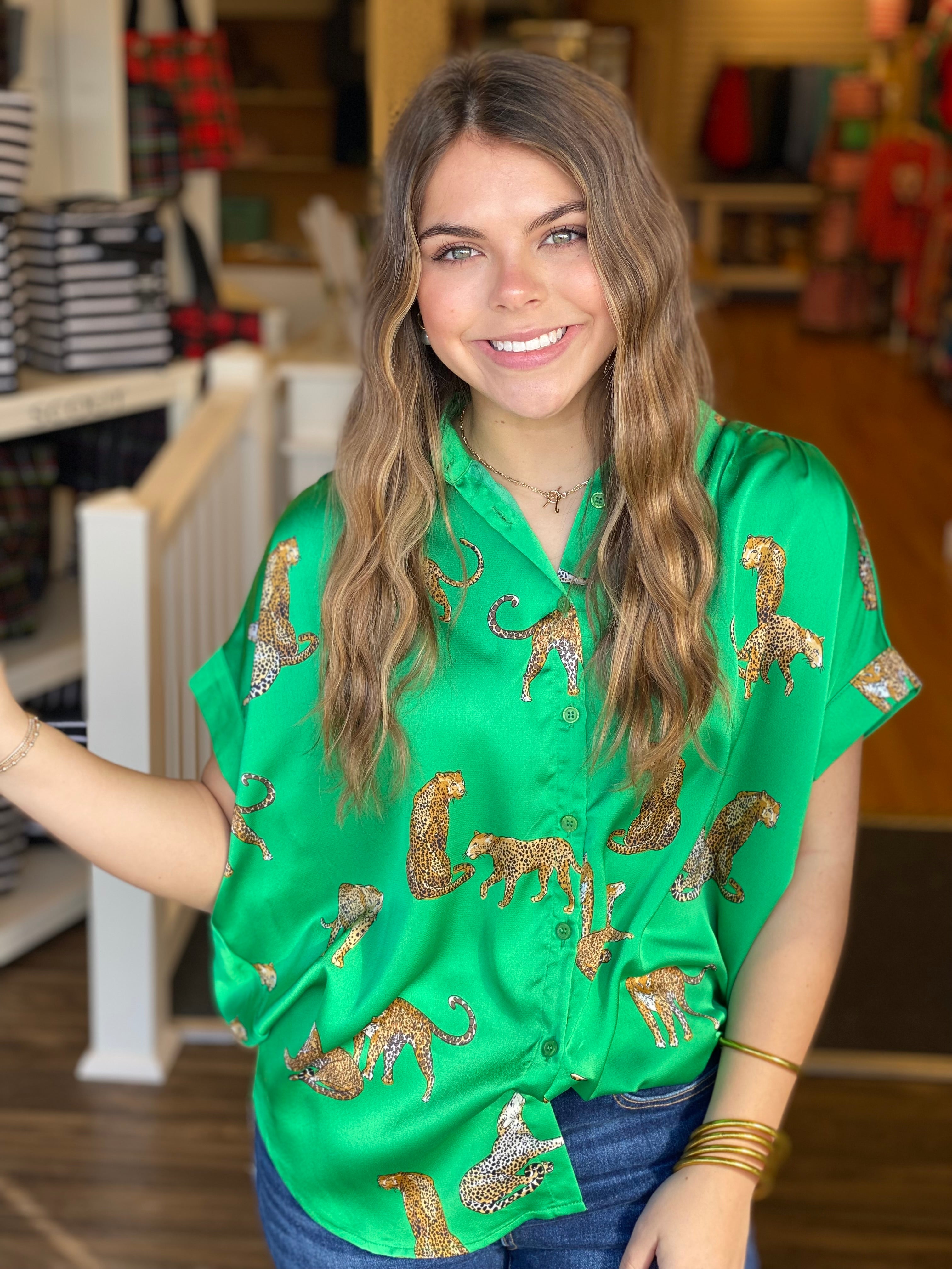 Kelly Green Leopard Button Up Top
