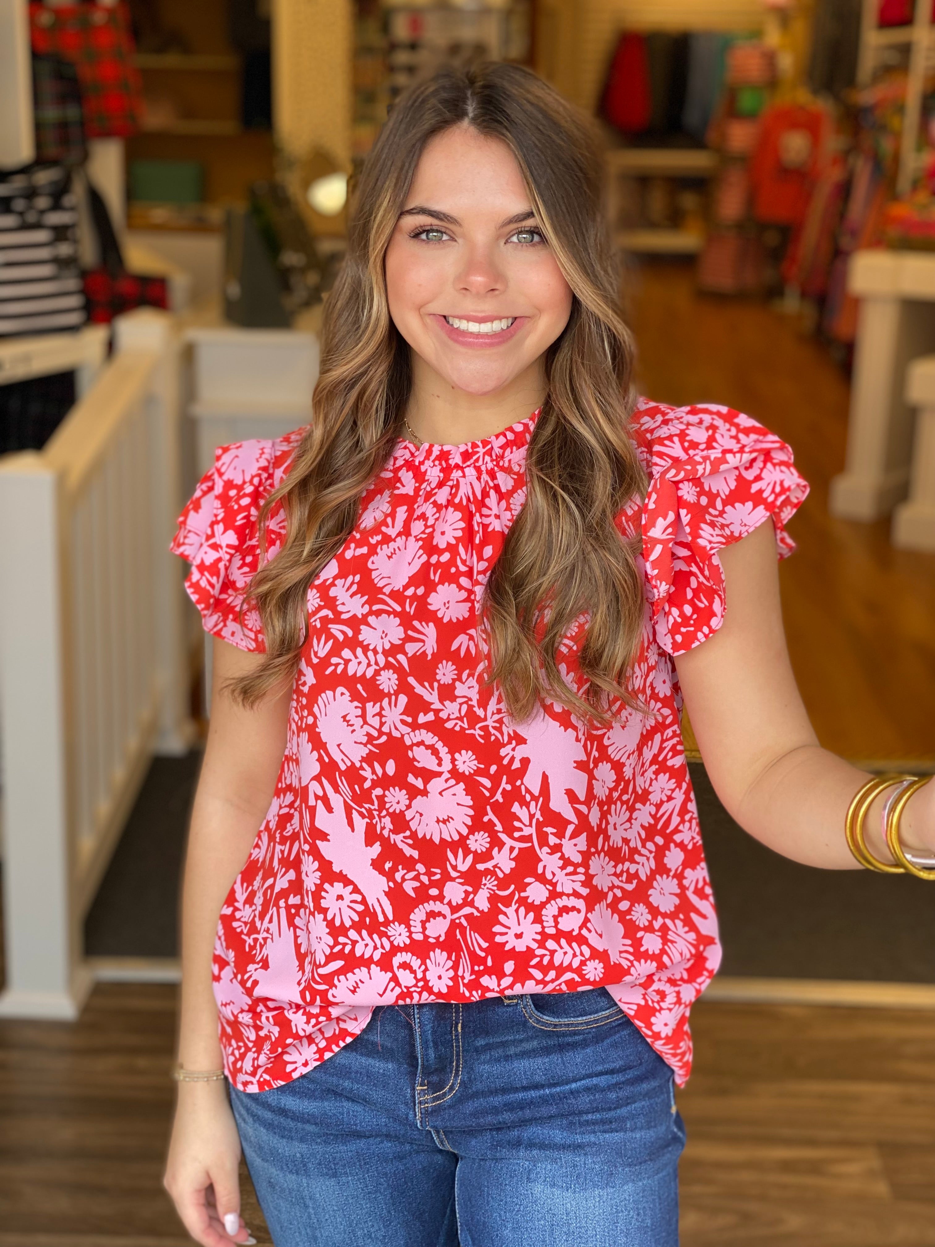 Pink and Red Ruffle Sleeve Top