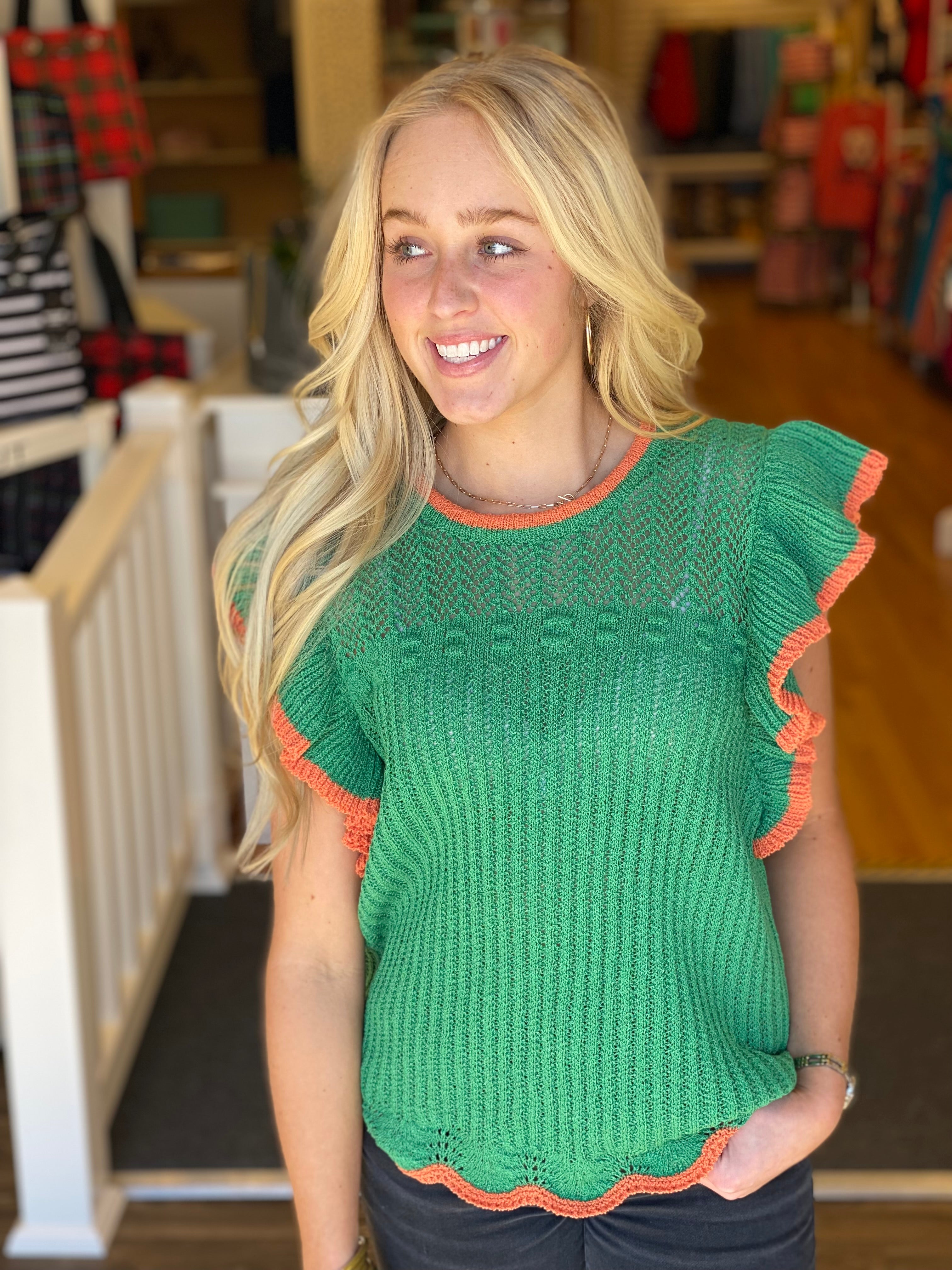 Green and Orange Ruffle Sleeve Sweater