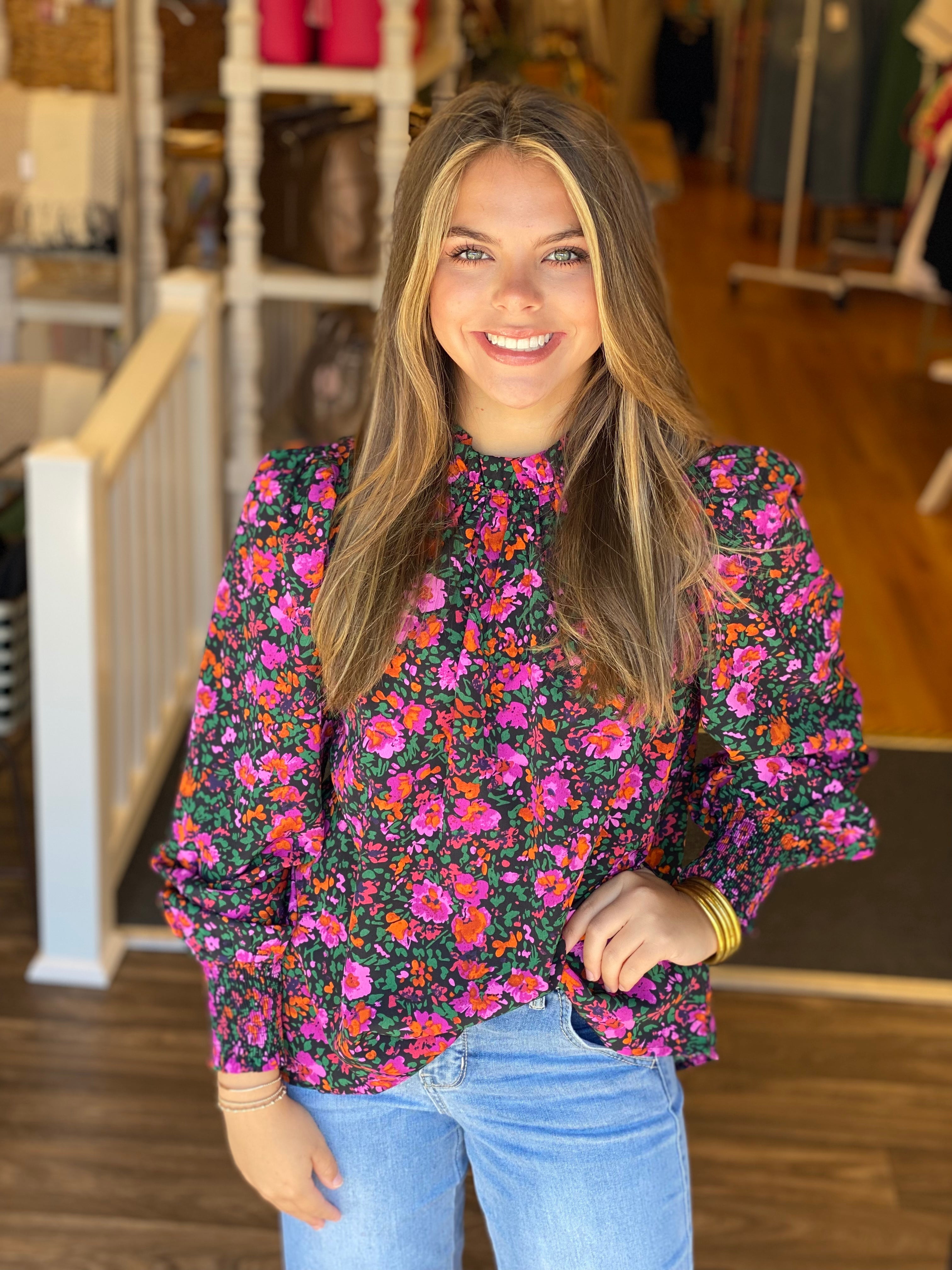 Black and Floral Mock Turtle Long Sleeve Top