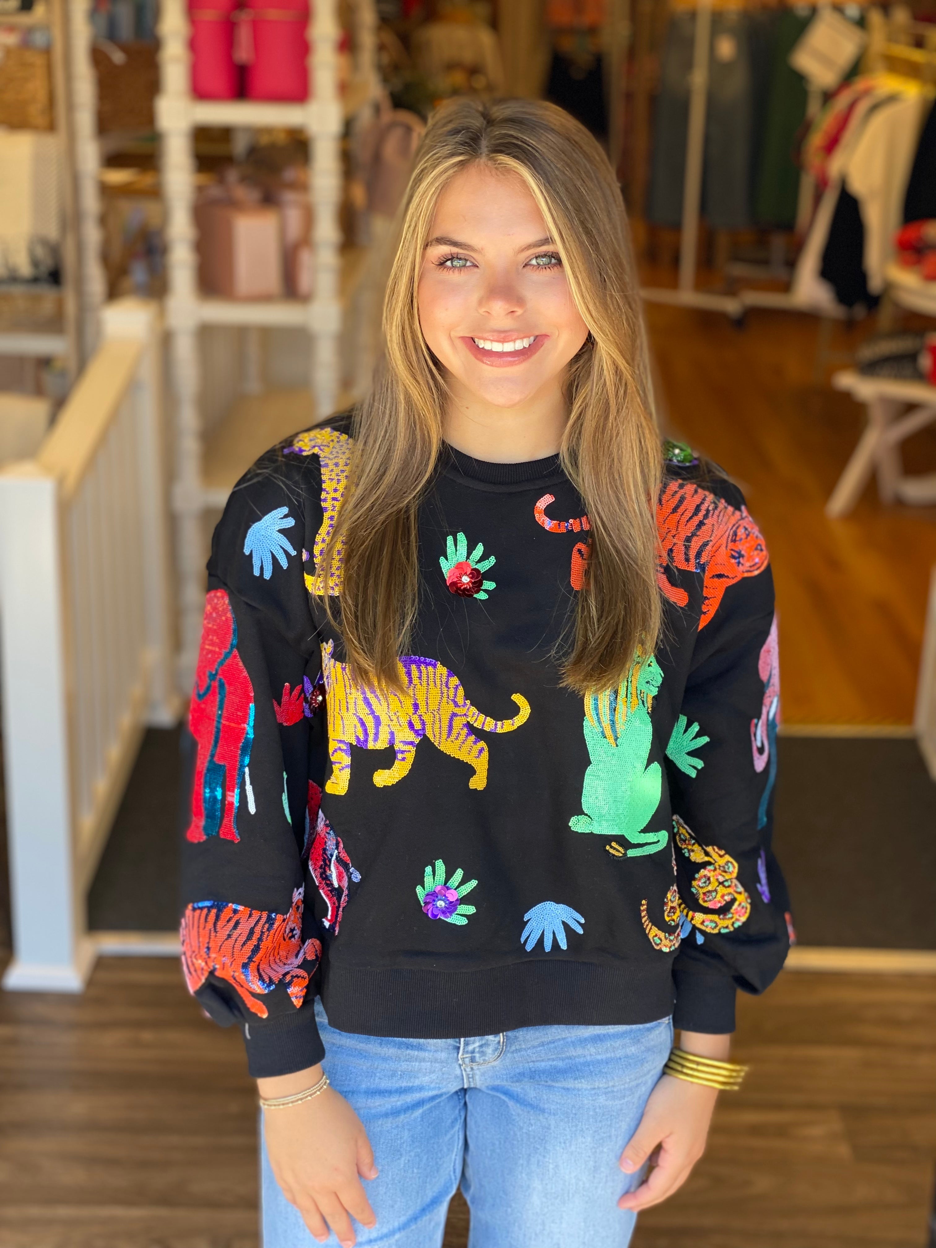 Queen of Sparkle Black Multi Animal Sweatshirt