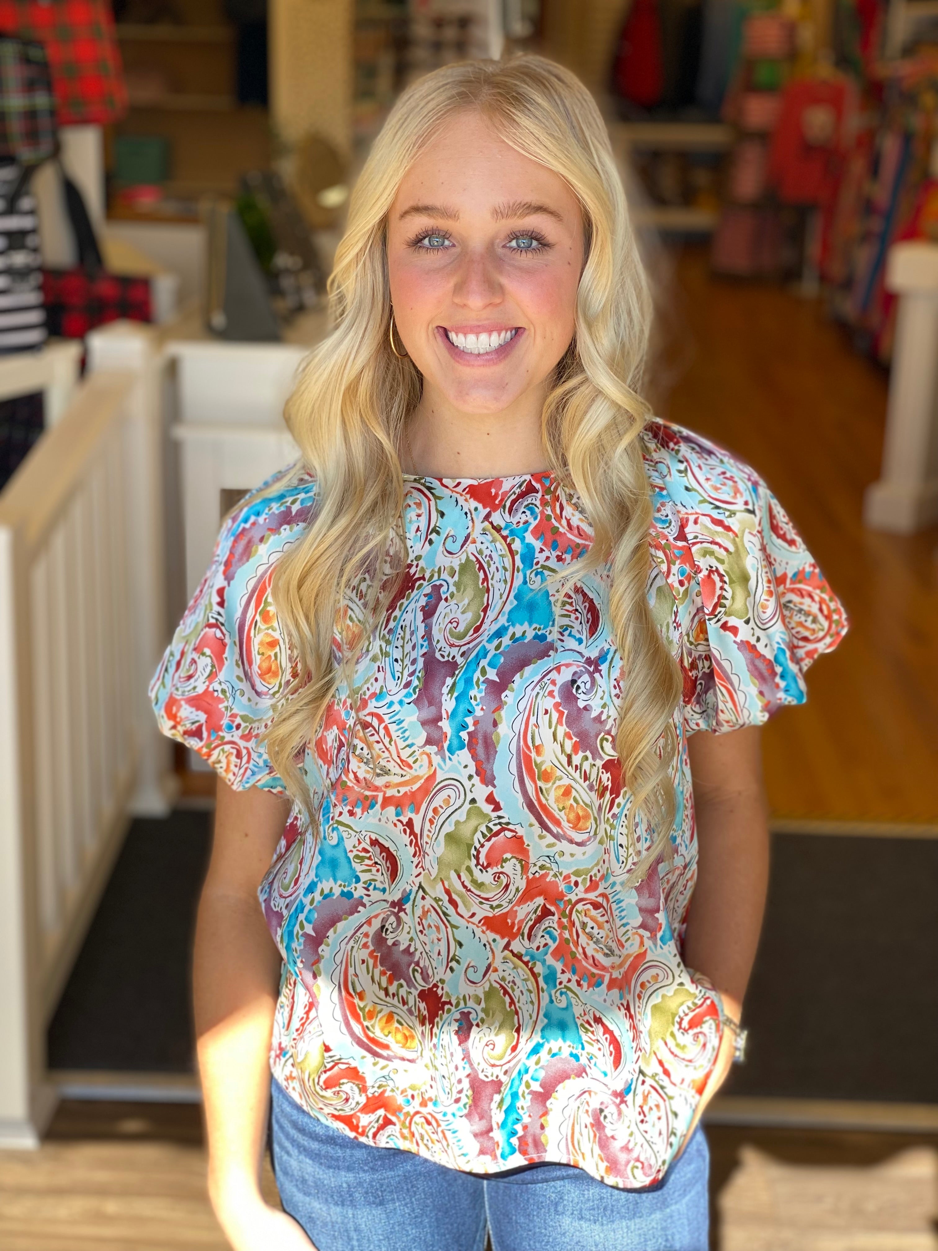 Blue and Coral Paisley Print Top