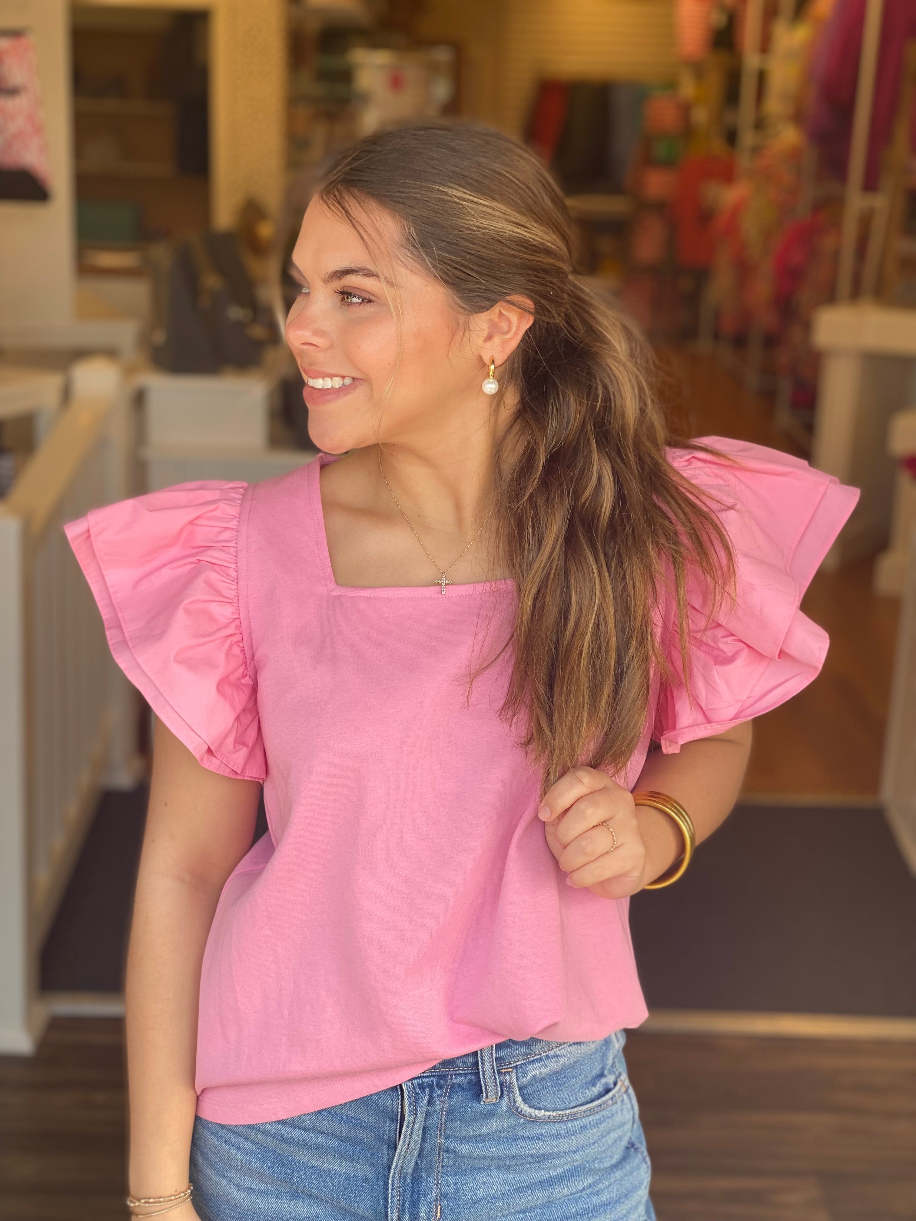 Pink Flutter Sleeve Top