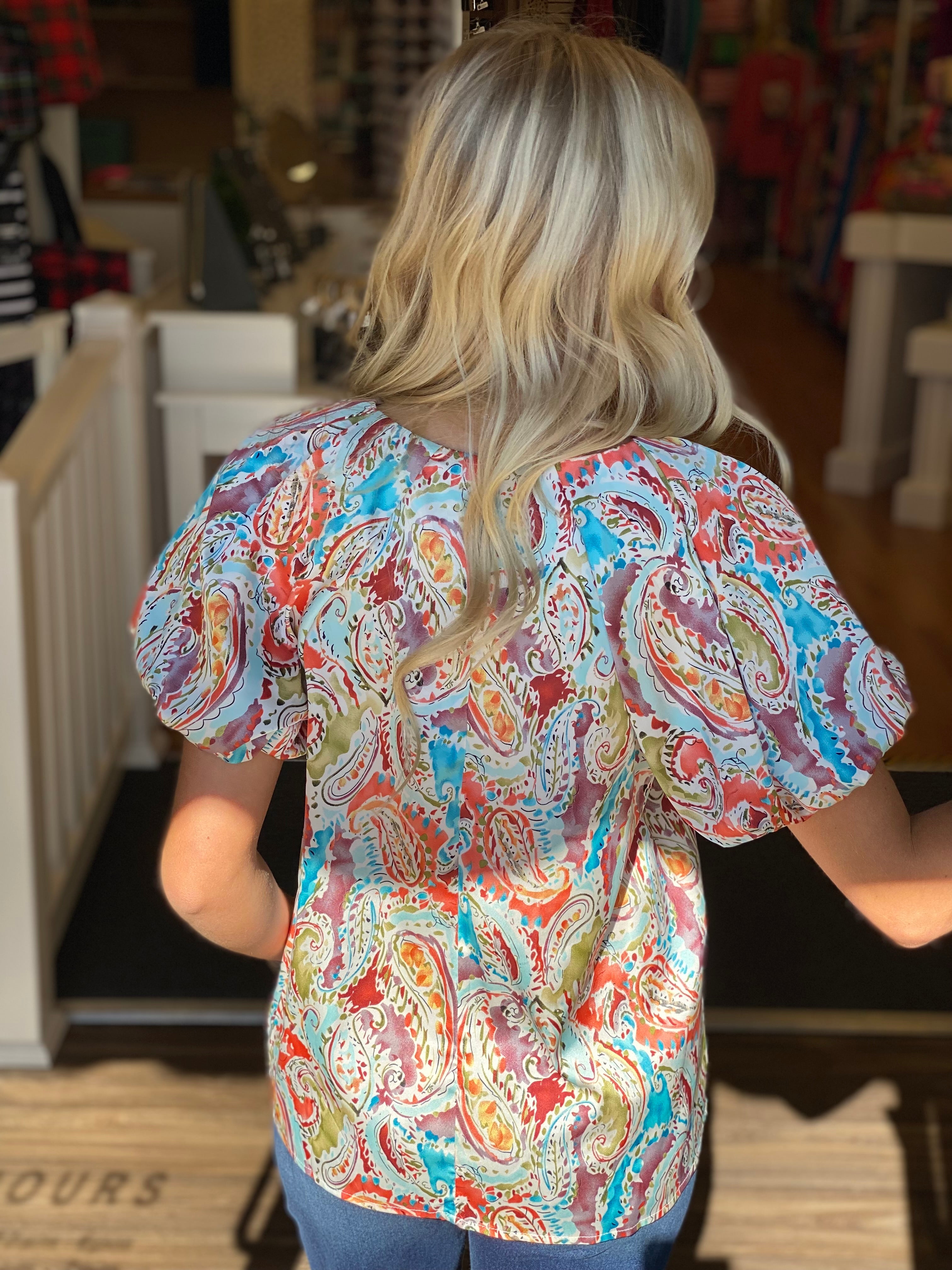 Blue and Coral Paisley Print Top