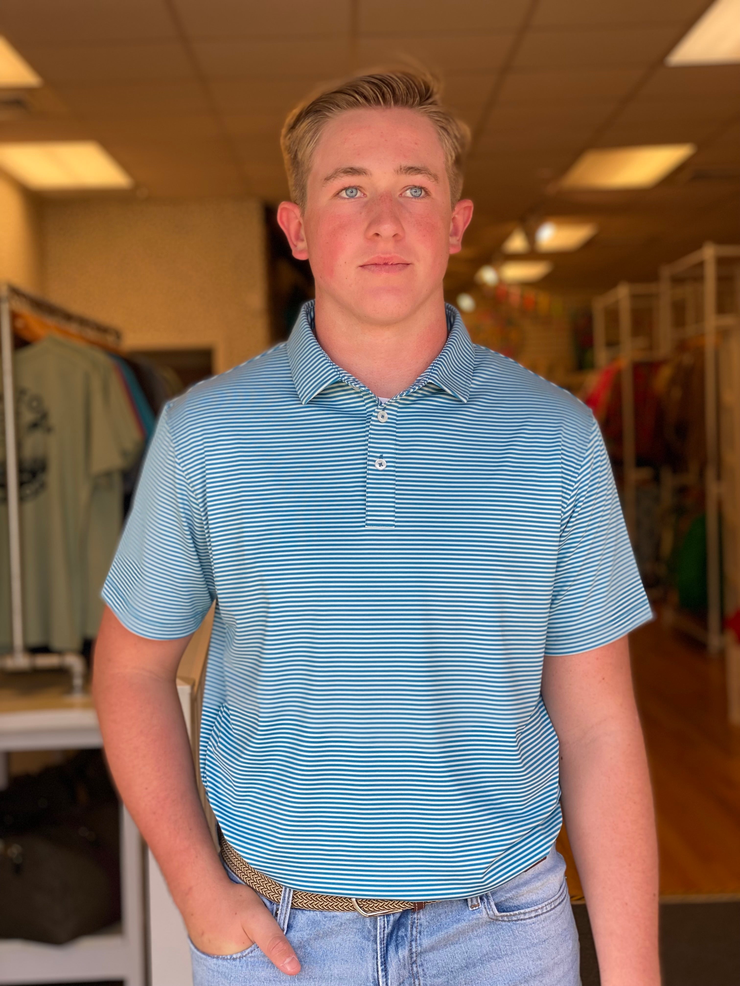 Bluecrest The Graduate Stripe Performance Polo - Blue, Light Blue, and White