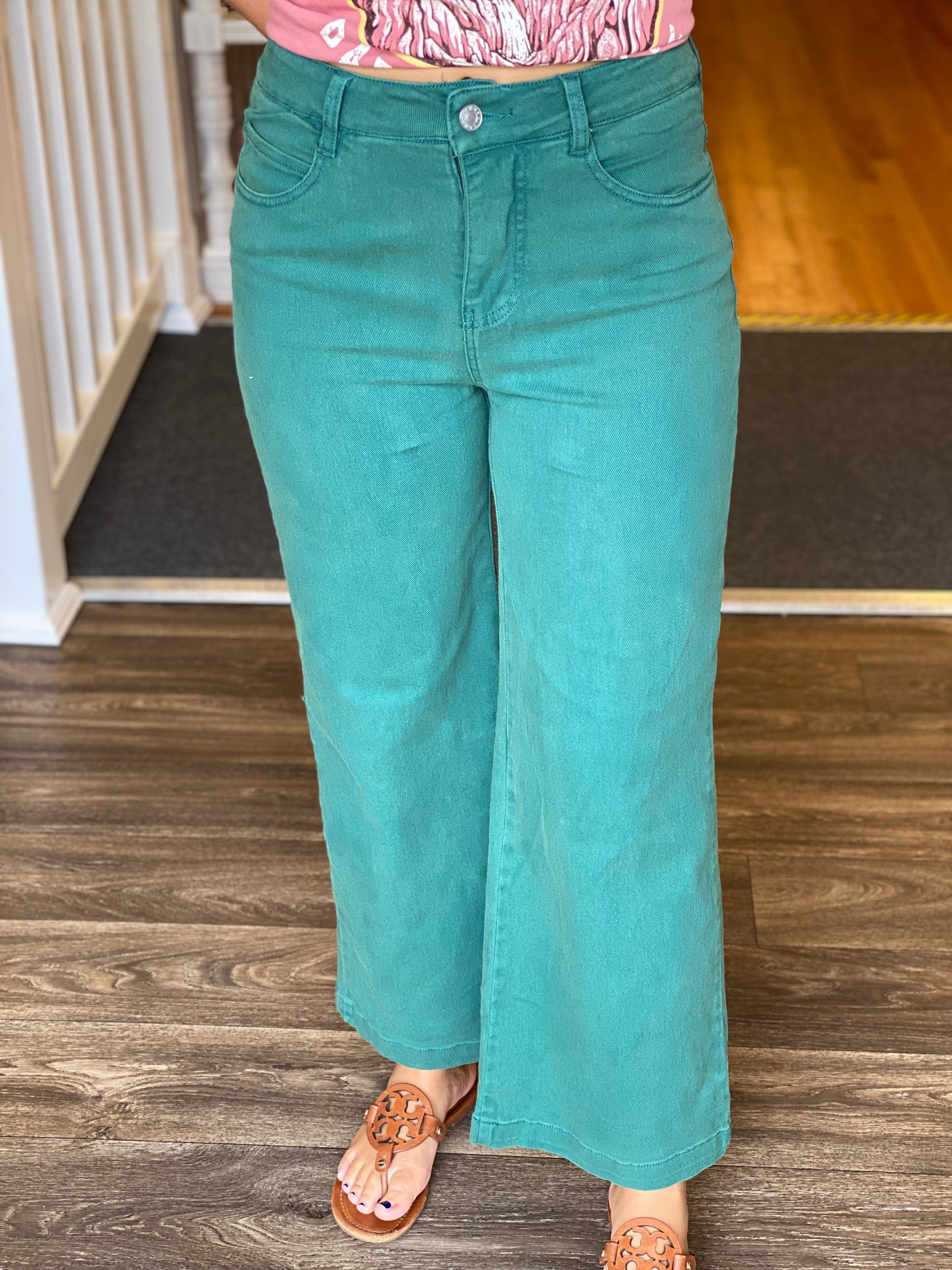 Entro High Rise Button Front Wide Leg Pant - Green