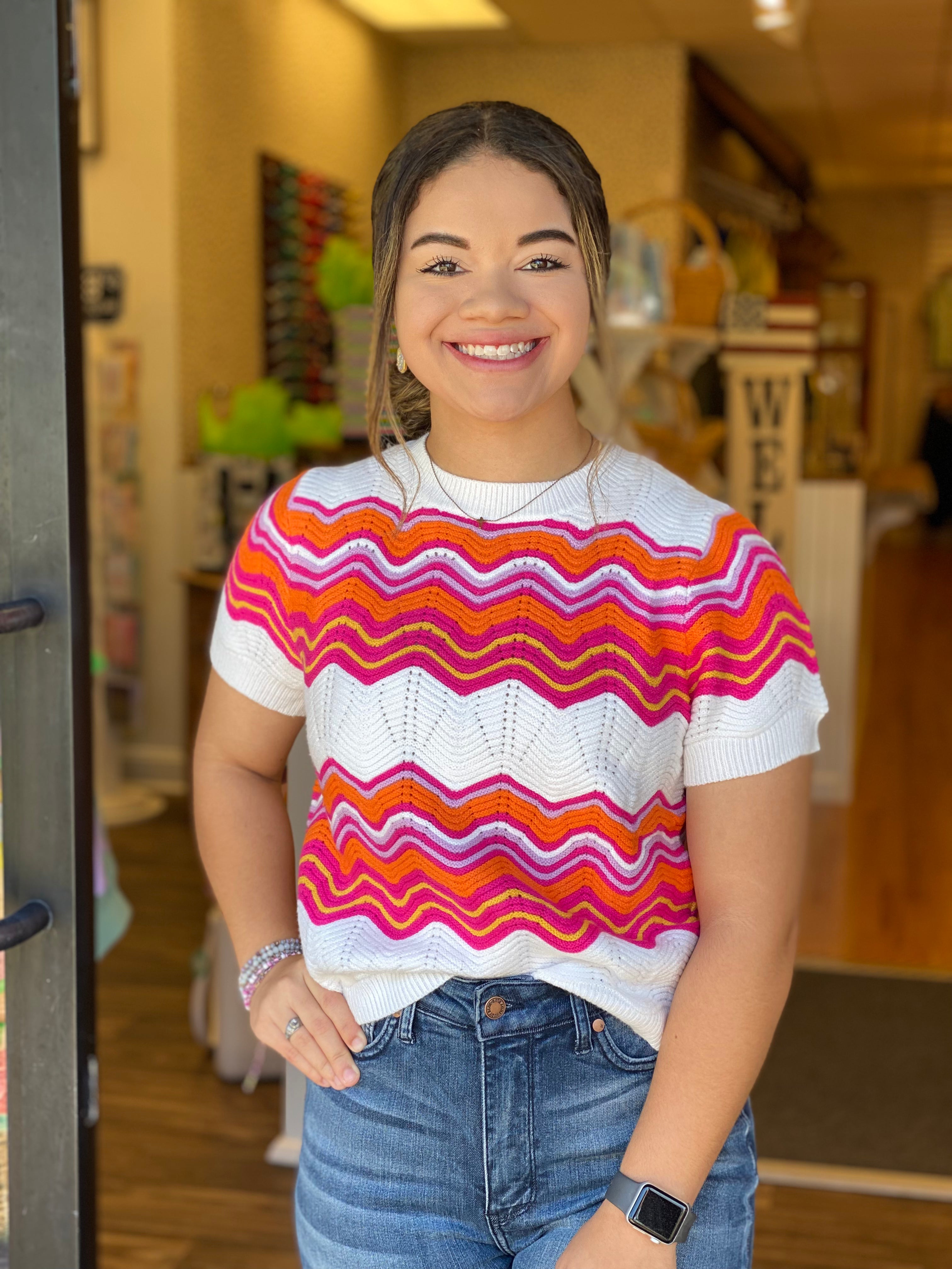 Multi Colored Short Sleeve Knit Top